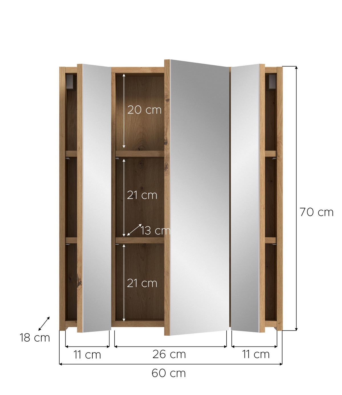 Spiegelschrank Ice Artisan Oak Nachbildung B/H/T: ca. 60x70x18 cm Ice - (60,00/70,00/18,00cm) - xonox.home