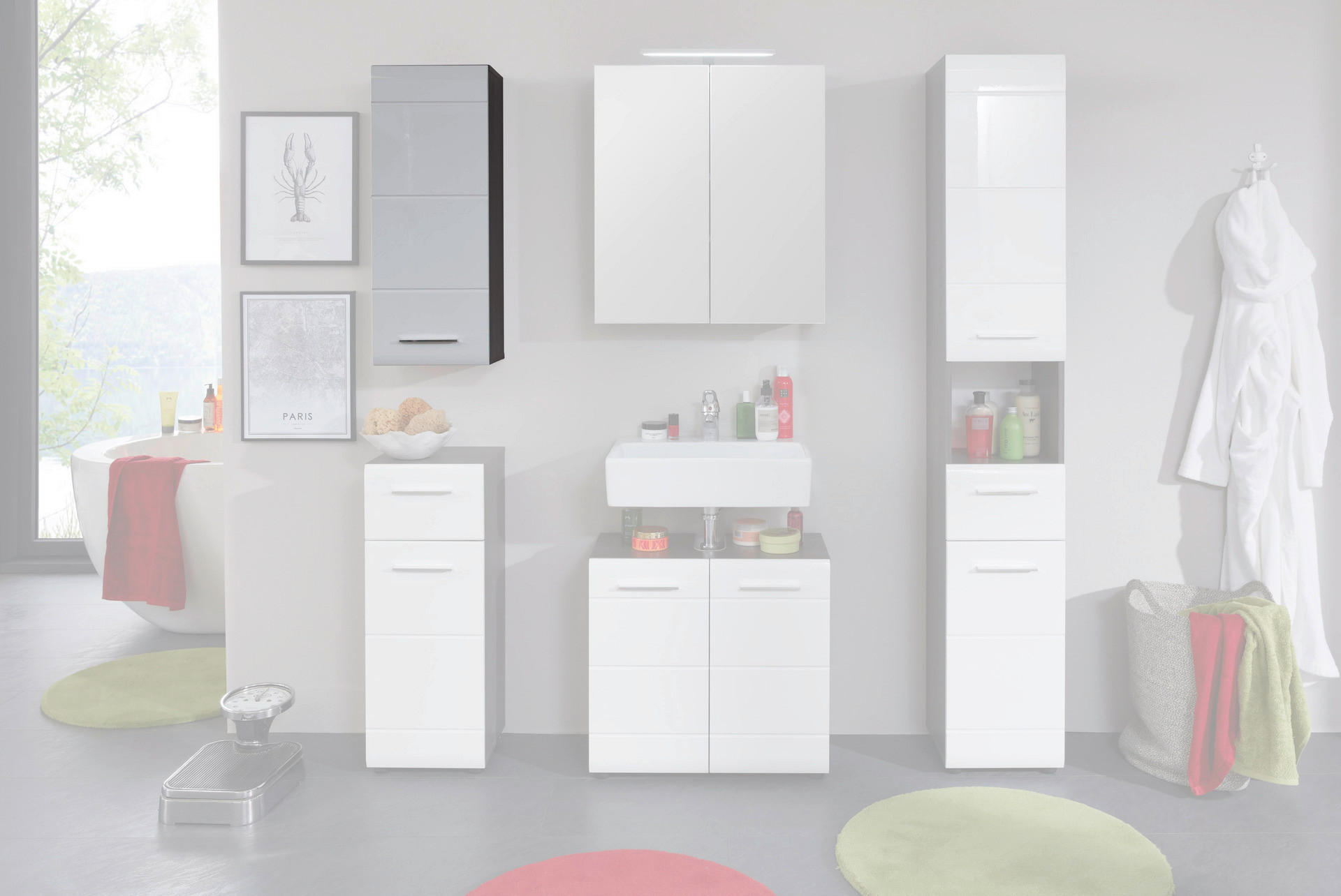 Badhängeschrank Line Rauchsilber Nachbildung weiß Hochglanz B/H/T: ca. 30x77x23 cm Line - weiß (30,00/77,00/23,00cm)