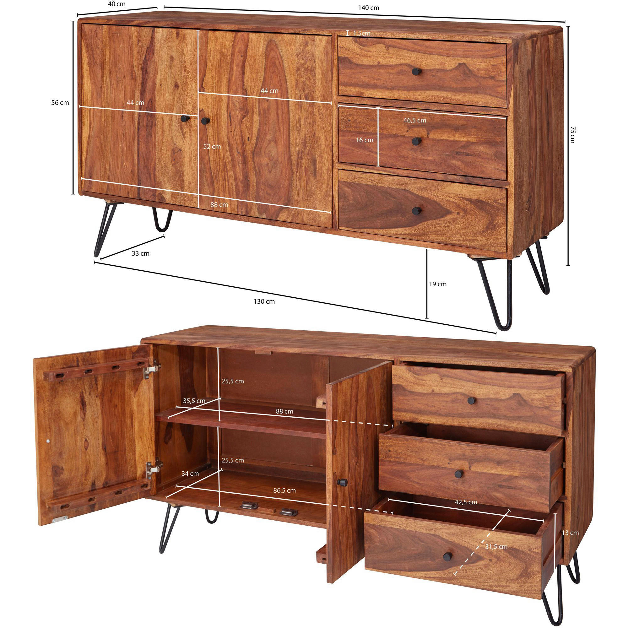 Sideboard schwarz lackiert natur beschichtet B/H/T: ca. 145x75x40 cm Sideboard - natur/schwarz (145,00/75,00/40,00cm) - Wohnling