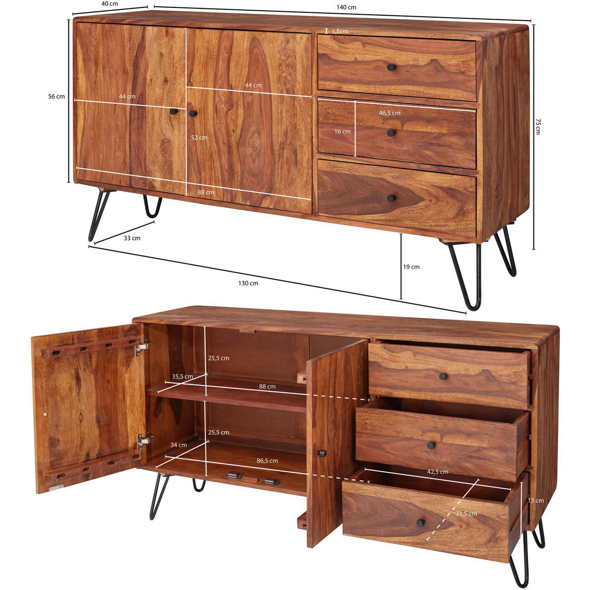 Sideboard schwarz lackiert natur beschichtet B/H/T: ca. 145x75x40 cm Sideboard - natur/schwarz (145,00/75,00/40,00cm) - Wohnling