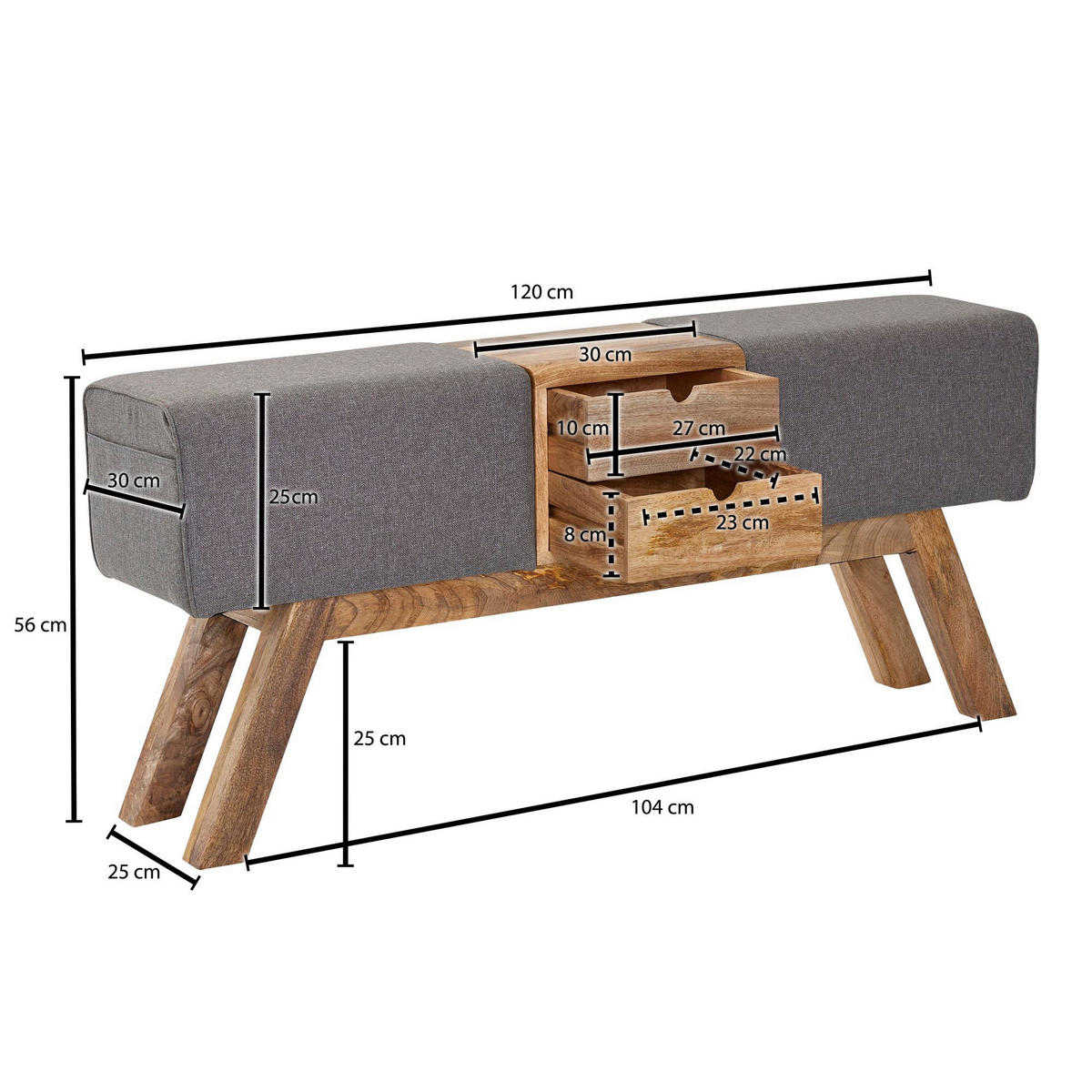 Wohnling Sitzbank grau natur Stoff Echtholz B/H/T: ca. 120x56x30 cm Sitzbank - natur/grau (120,00/56,00/30,00cm) - Wohnling