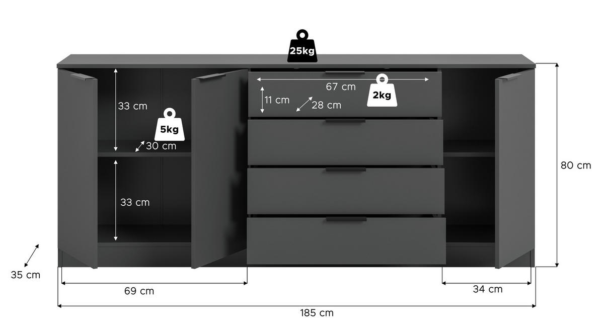 Kommode KOPENHAGEN anthrazit B/H/T: ca. 185x79x35 cm KOPENHAGEN - anthrazit (185,00/79,00/35,00cm) - xonox.home