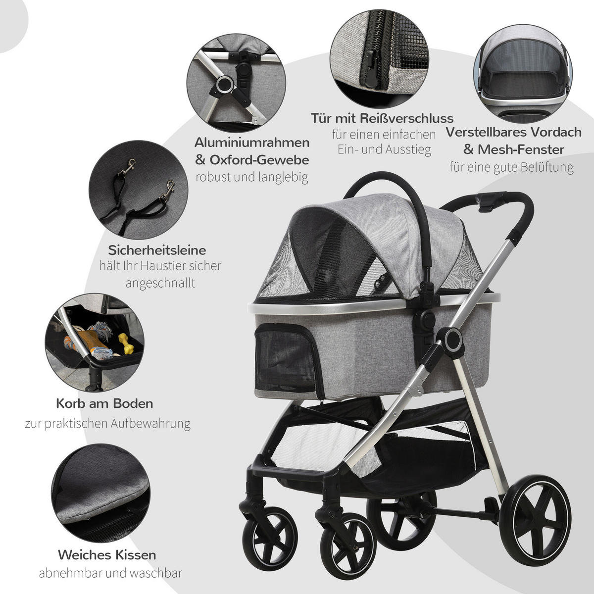PawHut Hunde-Zubehör hellgrau Edelstahl B/H/L: ca. 58x83x102 cm Hundewagen - hellgrau (102,00/58,00/83,00cm) - PawHut