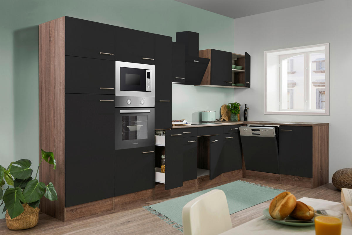 Respekta Winkelküche KBL370EYSMISGKE schwarz B/H/T: ca. 370x205x172 cm KBL370EYSMISGKE - Eiche/schwarz (370,00/205,00/172,00cm) - Respekta