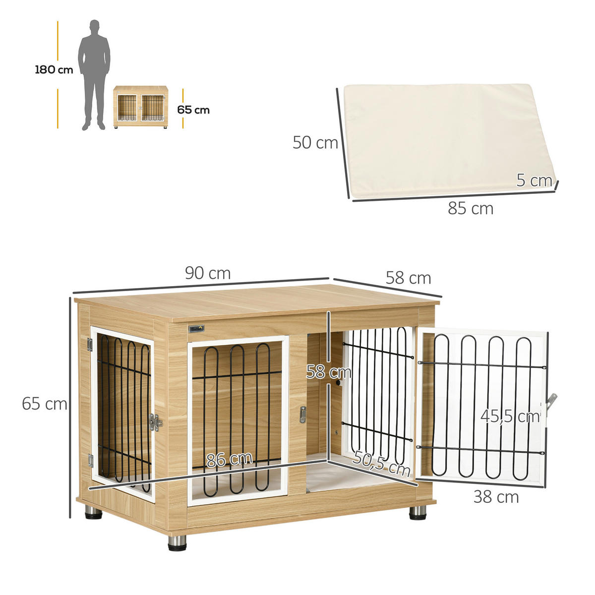 PawHut Hunde-Zubehör Eiche Polypropylen B/H/L: ca. 58x90x65 cm Hundekäfig - Eiche (65,00/58,00/90,00cm) - PawHut