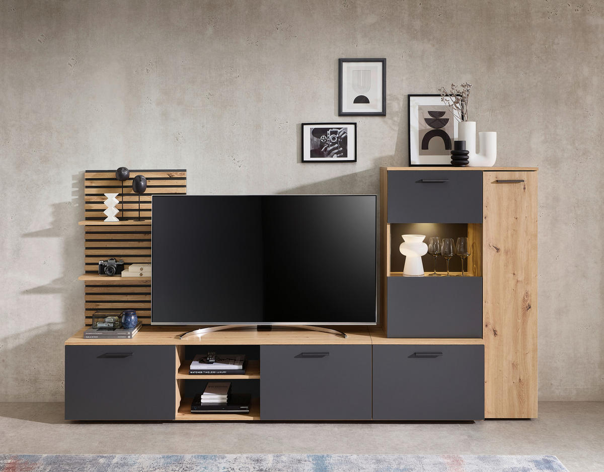 Wohnwand Heathrow Eiche Artisan Nachbildung anthrazit B/H/T: ca. 250x135x38 cm Heathrow - Eiche/anthrazit (250,00/135,00/38,00cm)