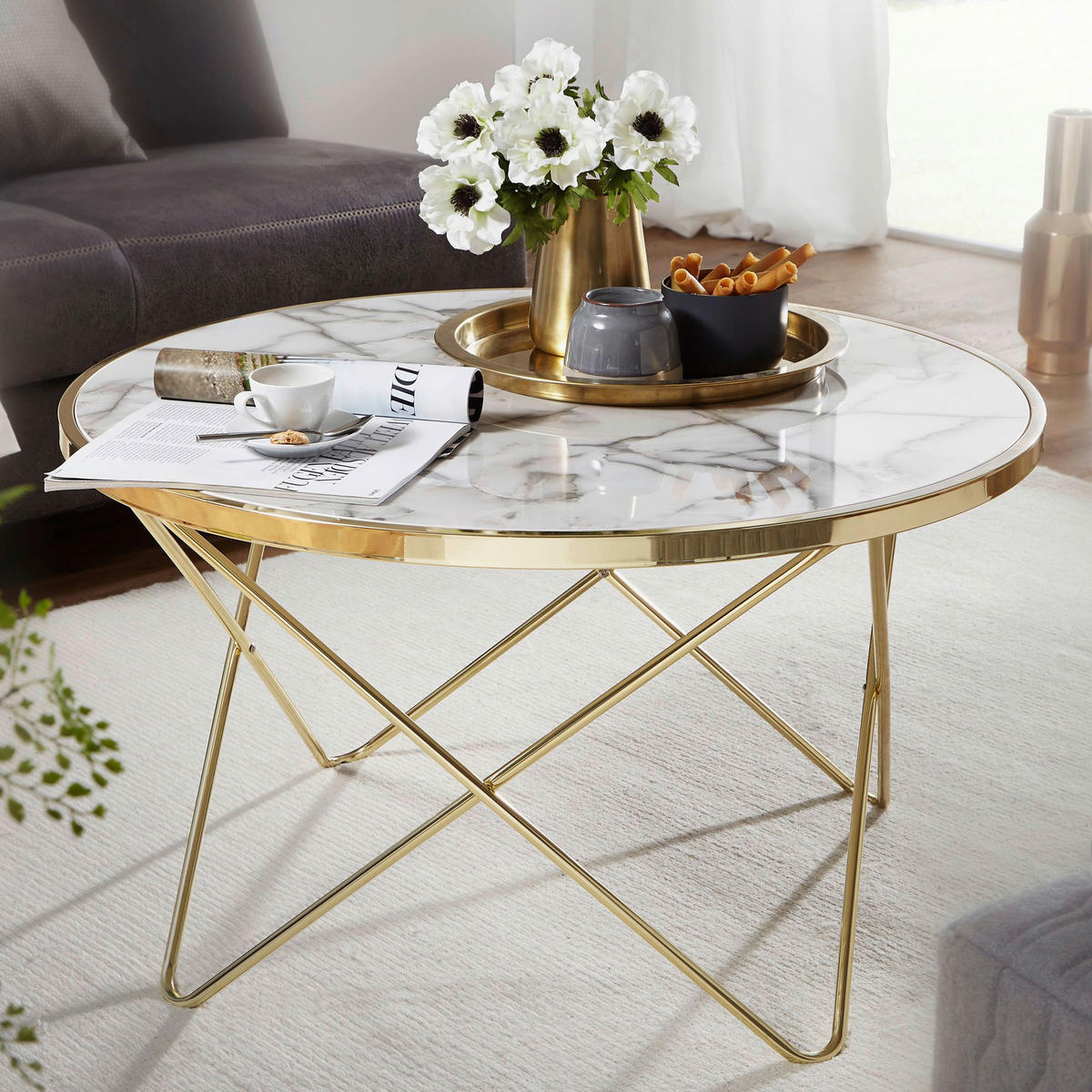 Couchtisch weiß Marmor Optik gold B/H/T: ca. 85x49x85 cm Couchtisch - gold/weiß (85,00/49,00/85,00cm) - Wohnling