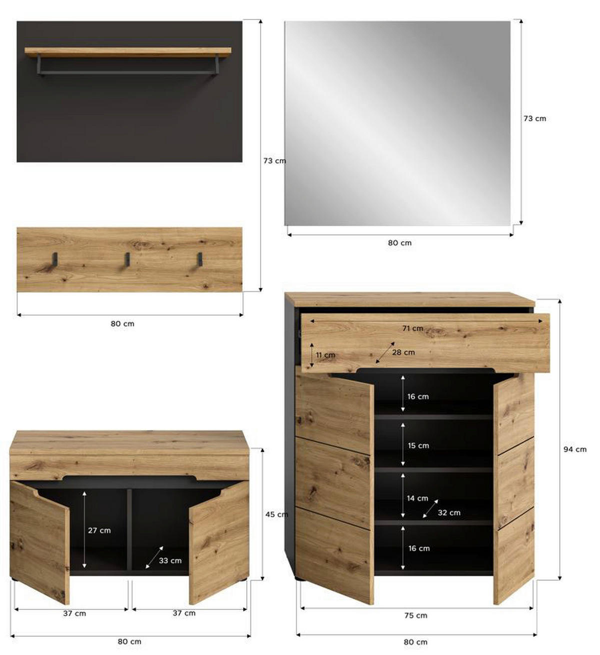 Garderobe CANU edles Basaltgrau Nachbildung Eiche Artisan Nachbildung B/H/T: ca. 175x180x37 cm CANU - Eiche/edles Basaltgrau (175,00/180,00/37,00cm) - xonox.home