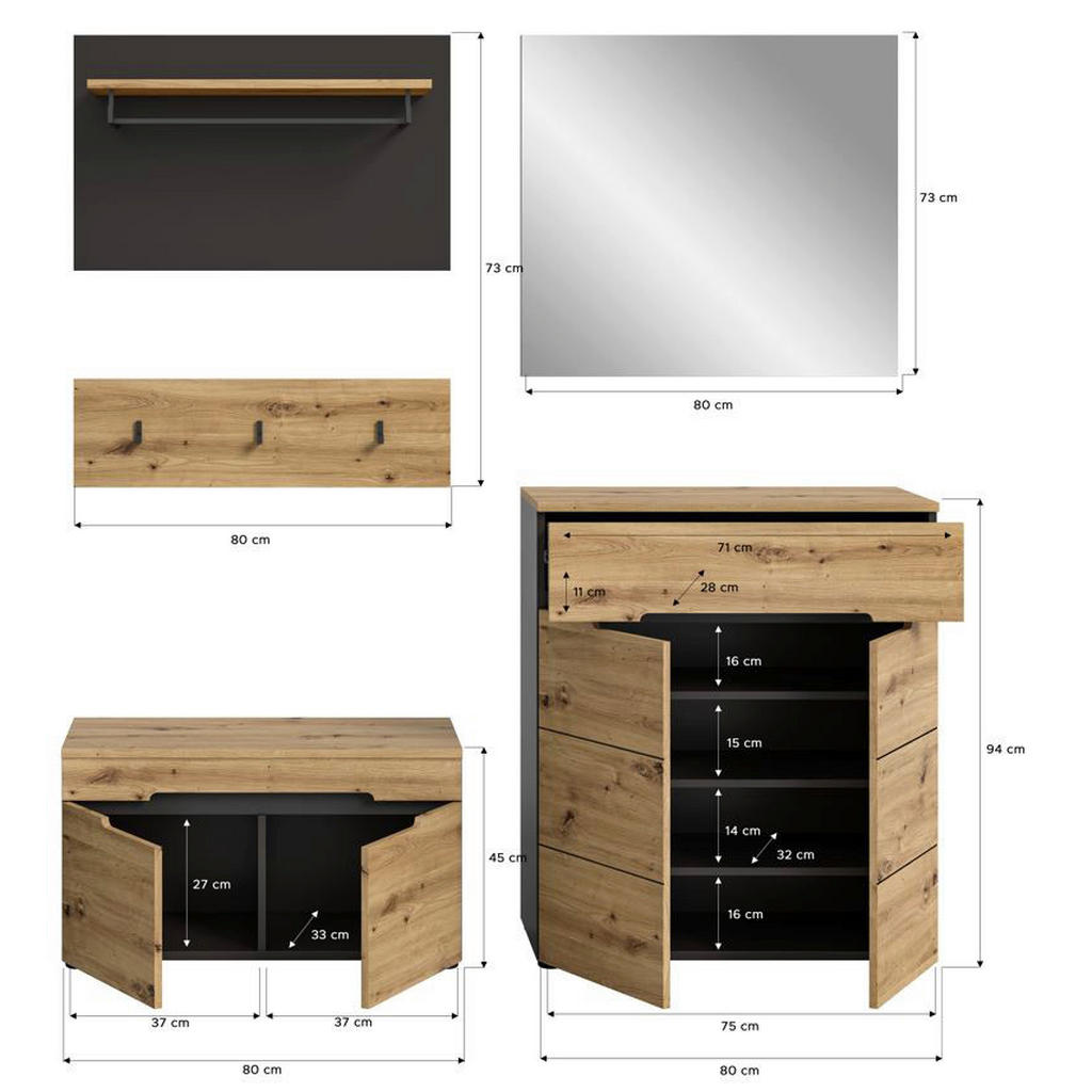 Thumbnail - Garderobe CANU edles Basaltgrau Nachbildung Eiche Artisan Nachbildung B/H/T: ca. 175x180x37 cm
