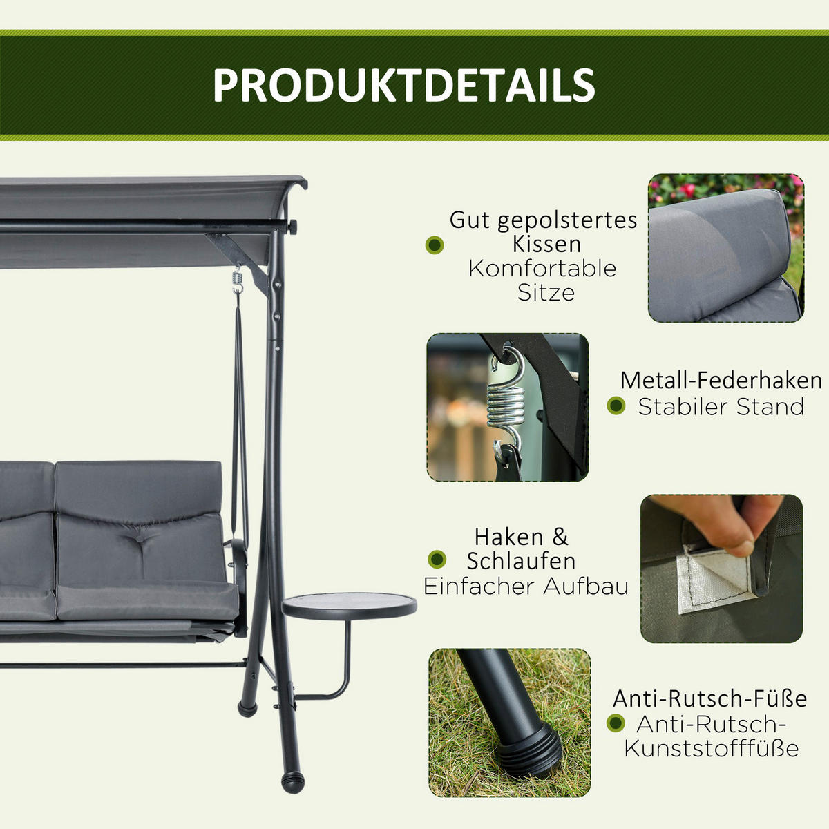 Outsunny Hollywoodschaukel grau Polyester B/H/L: ca. 125x177x271 cm Hollywoodschaukel - grau (271,00/125,00/177,00cm) - Outsunny