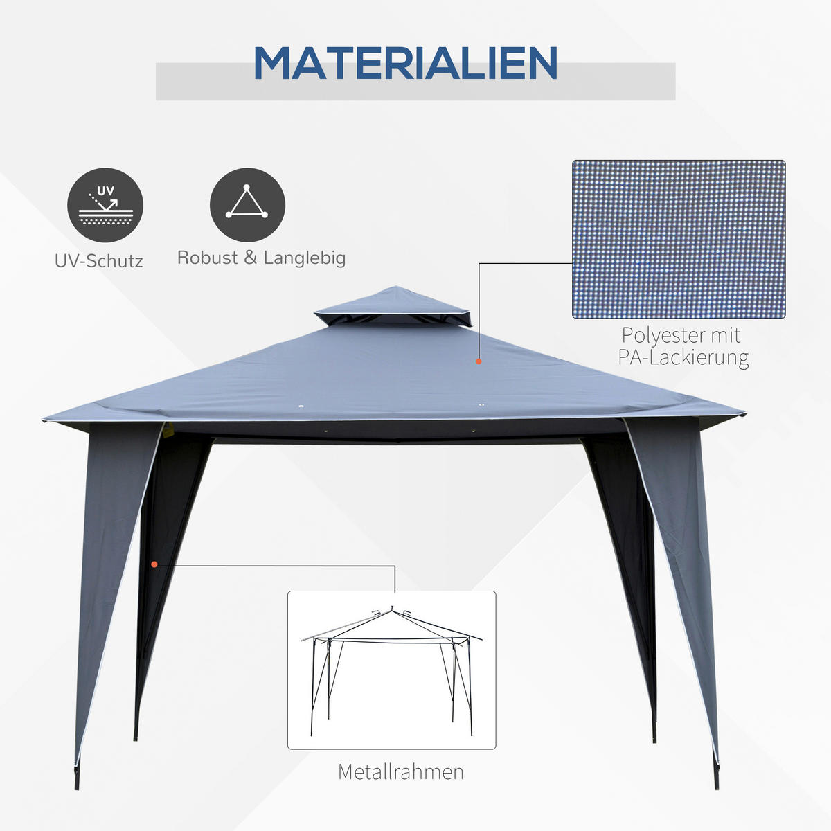 Outsunny Pavillon grau Metall B/H/L: ca. 345x268x345 cm Pavillon - grau (345,00/345,00/268,00cm) - Outsunny