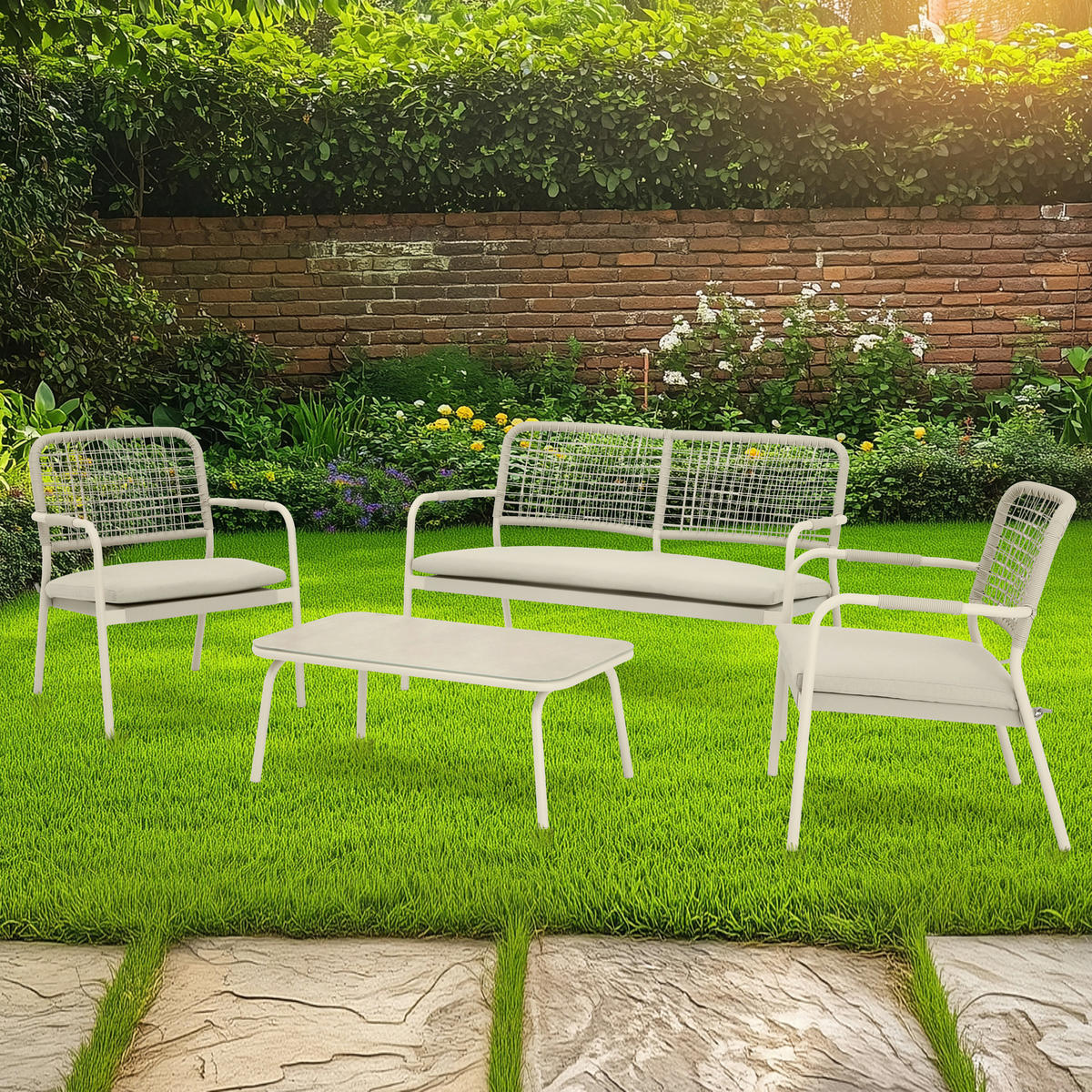 POCOline Gartensitzgruppe beige Stahl Gartensitzgruppe_St.Henri_4tlg. - beige/weiß - POCOline