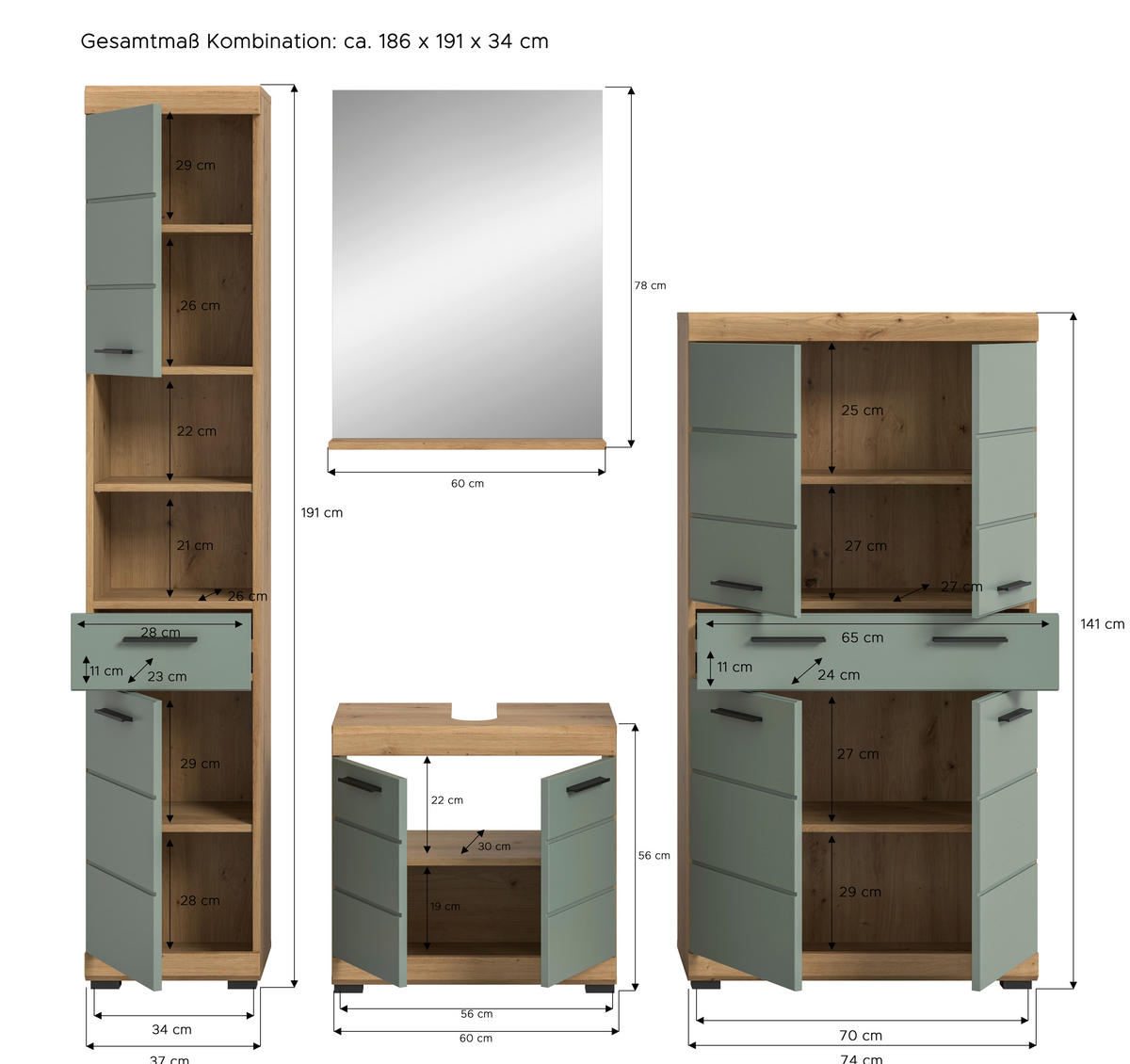 Badezimmer-Set Scout Eiche Artisan Nachbildung salbei Nachbildung B/H/T: ca. 186x191x34 cm Scout - Eiche/salbei (186,00/191,00/34,00cm) - xonox.home