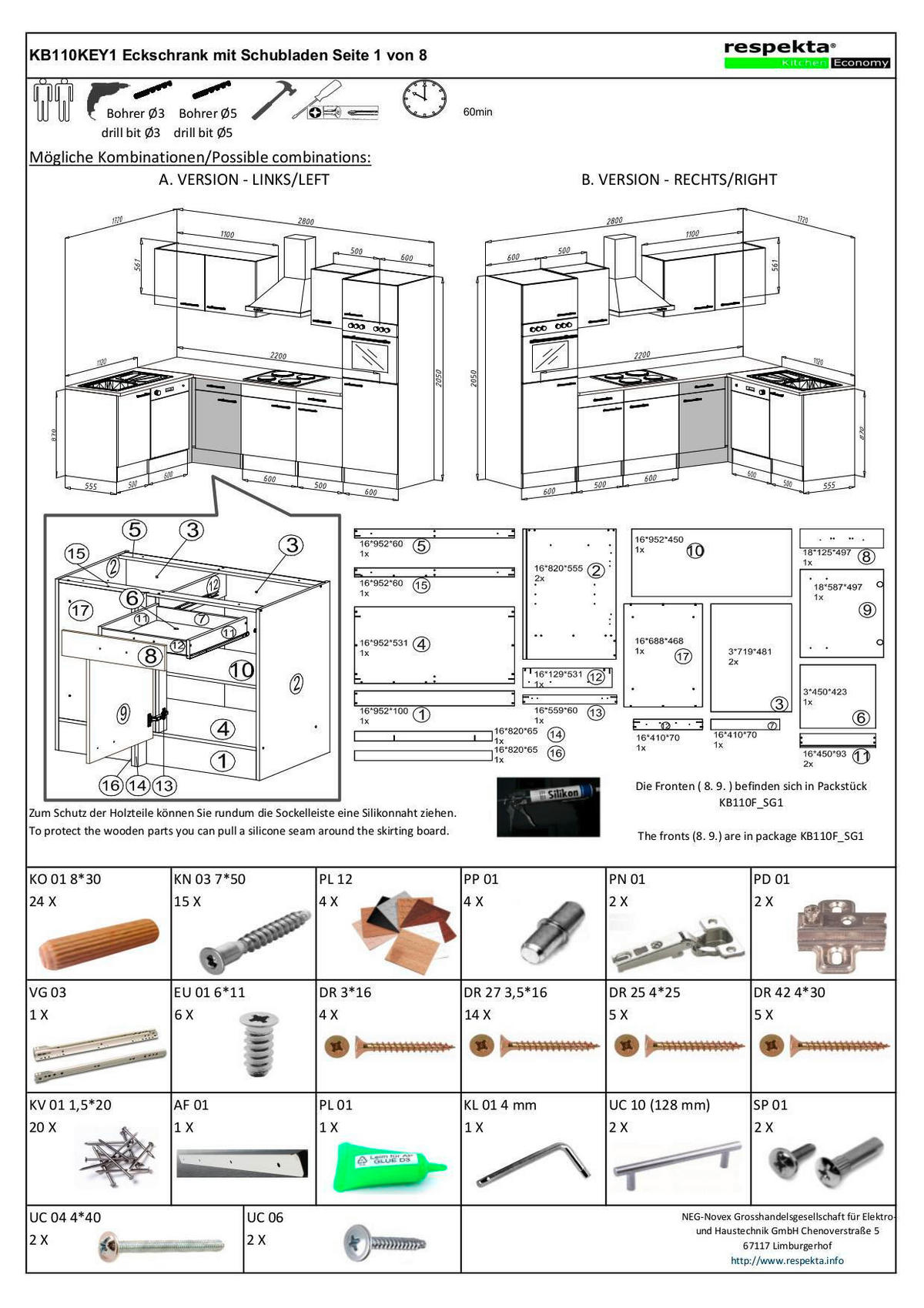 Respekta Winkelküche KBL280EYWS weiß B/H/T: ca. 280x205x172 cm KBL280EYWS - Eiche/weiß (280,00/205,00/172,00cm) - Respekta