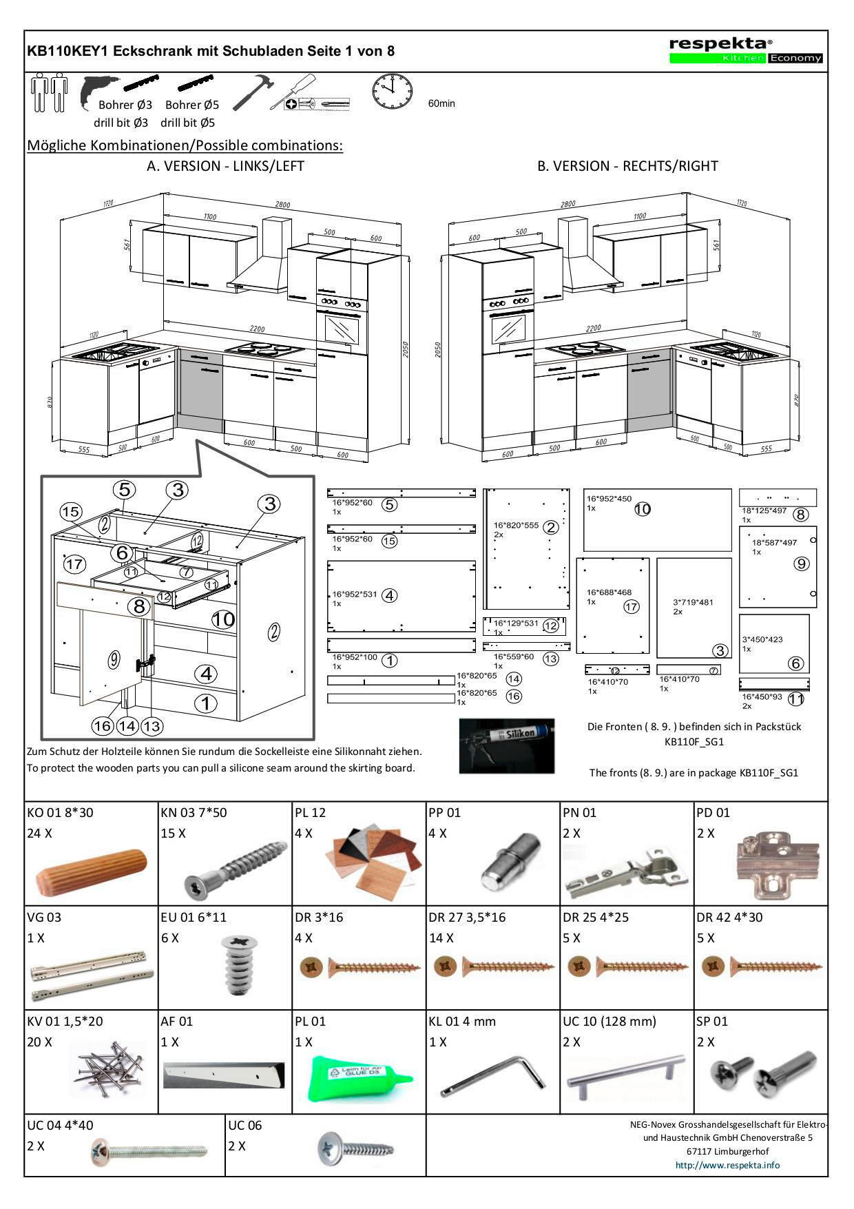 Respekta Winkelküche KBL280EYWS weiß B/H/T: ca. 280x205x172 cm