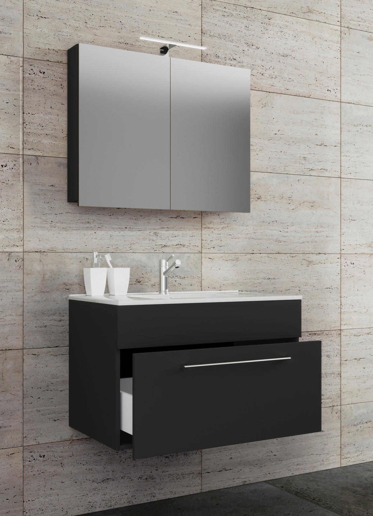 Waschplatz 3tlg-Badinos schwarz B/H/T: ca. 80x50x46 cm 3tlg-Badinos - schwarz (80,00/50,00/46,00cm) - VCM Möbel