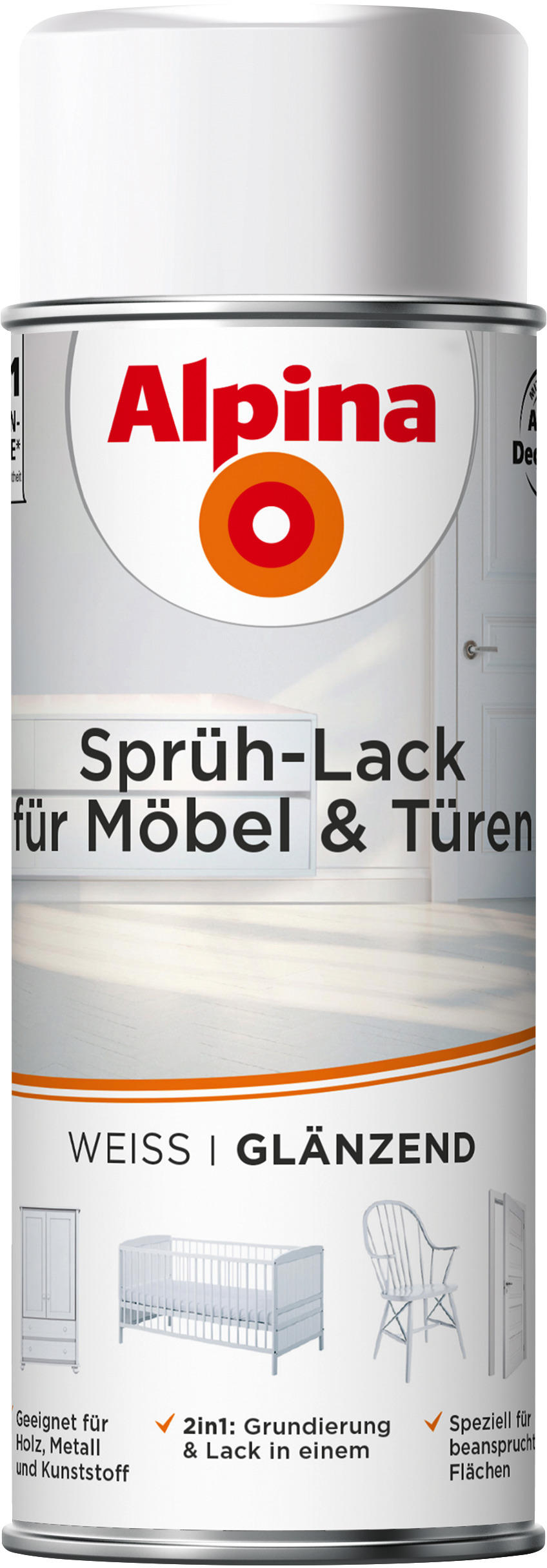 Alpina Spraylack für Möbel & Türen weiß glänzend ca. 0,4 l für Möbel & Türen - weiß (400ml)