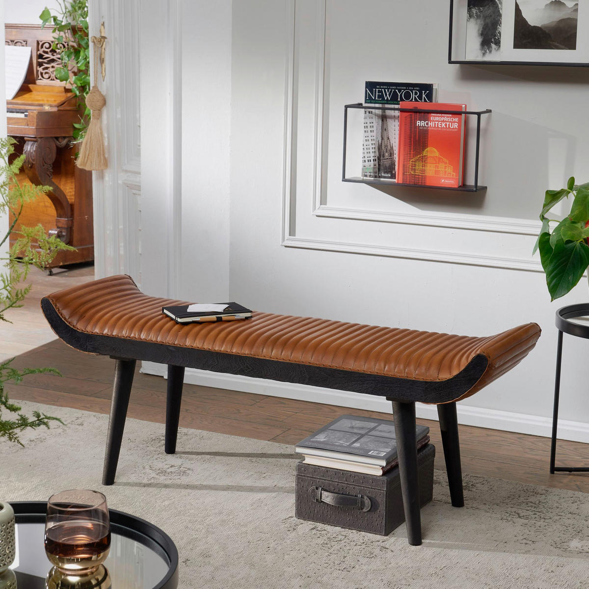 Wohnling Sitzbank braun schwarz Leder Echtholz B/H/T: ca. 125x51x38 cm Sitzbank - braun/schwarz (125,00/51,00/38,00cm) - Wohnling