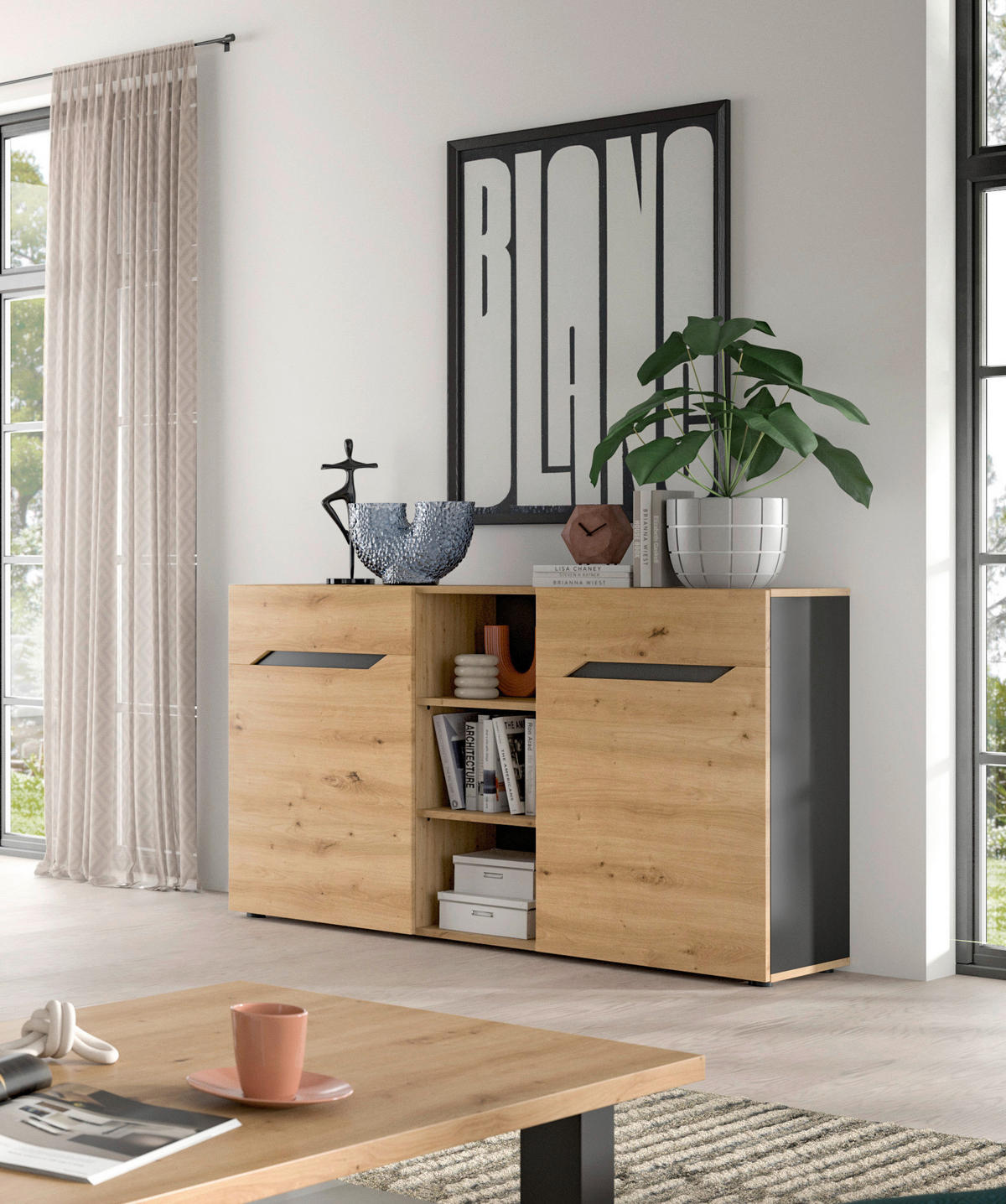 Sideboard Caserta basaltgrau Nachbildung Artisan Oak Nachbildung B/H/T: ca. 130x81x37 cm Caserta - basaltgrau (130,00/81,00/37,00cm) - xonox.home