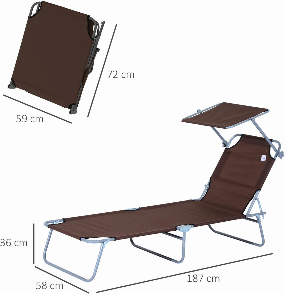 Outsunny Sonnenliege braun Metall B/H/L: ca. 58x27x187 cm Sonnenliege_mit_Sonnenschutz - braun (187,00/58,00/27,00cm) - Outsunny