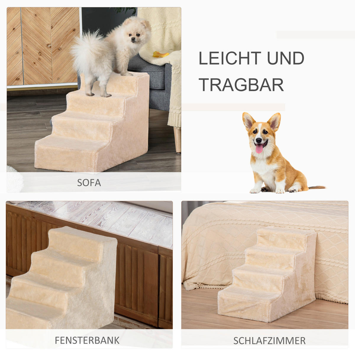 PawHut Haustiertreppe beige Edelstahl B/H/L: ca. 35x60x44 cm Haustiertreppe - beige (44,00/35,00/60,00cm) - PawHut