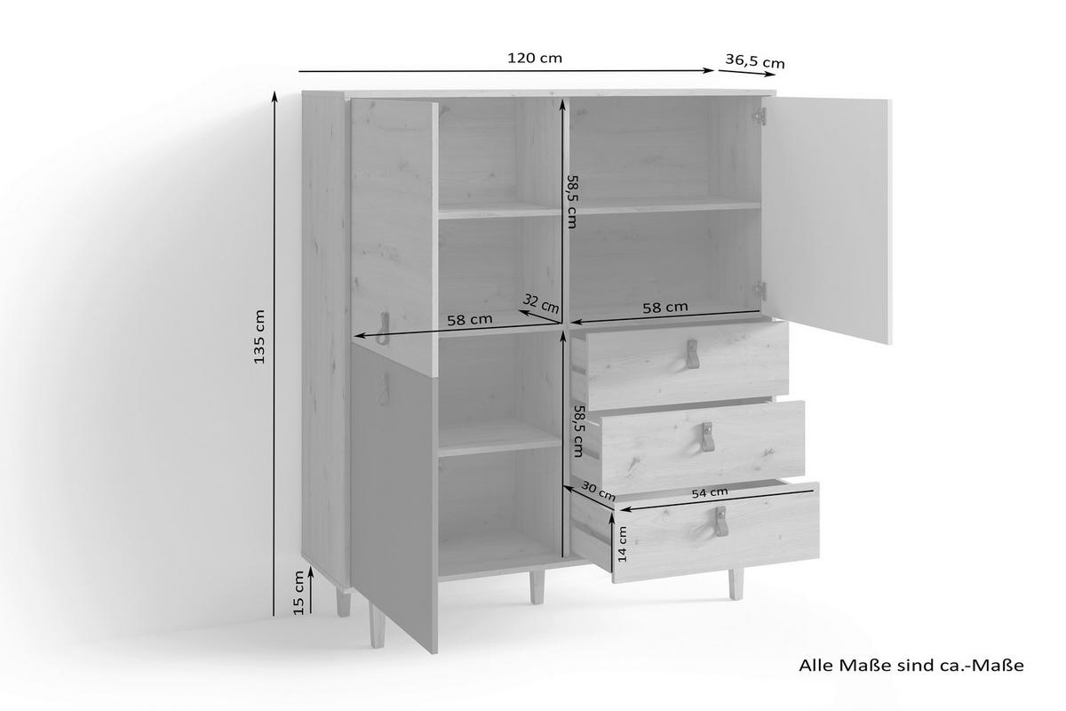 Highboard BILL Eiche Artisan Nachbildung weiß anthrazit dunkelbraun natur B/H/T: ca. 120x135x36,5 cm BILL - Eiche/dunkelbraun (120,00/135,00/36,50cm) - byLIVING