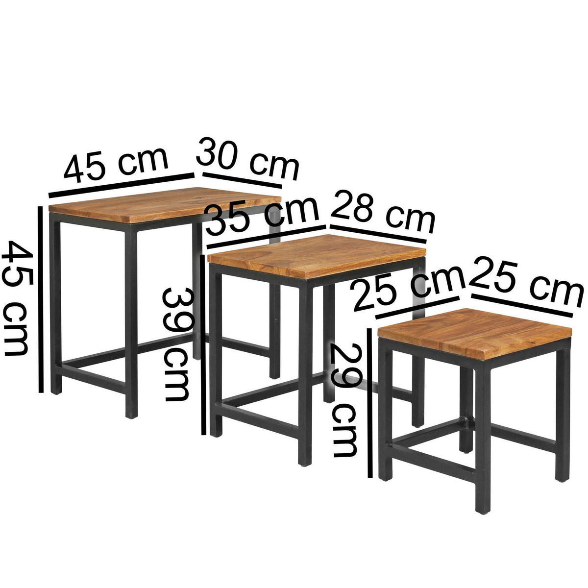 Beistelltisch 3er-Set natur schwarz pulverbeschichtet Echtholz Metall 3er-Set - natur/schwarz - Wohnling
