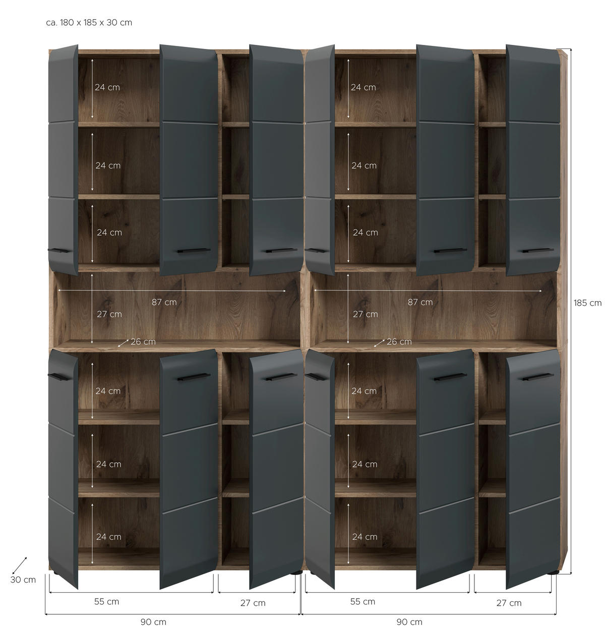 Badezimmer-Set Ice Nox Oak Nachbildung schwarz matt B/H/T: ca. 180x185x30 cm Ice - schwarz (180,00/185,00/30,00cm) - xonox.home