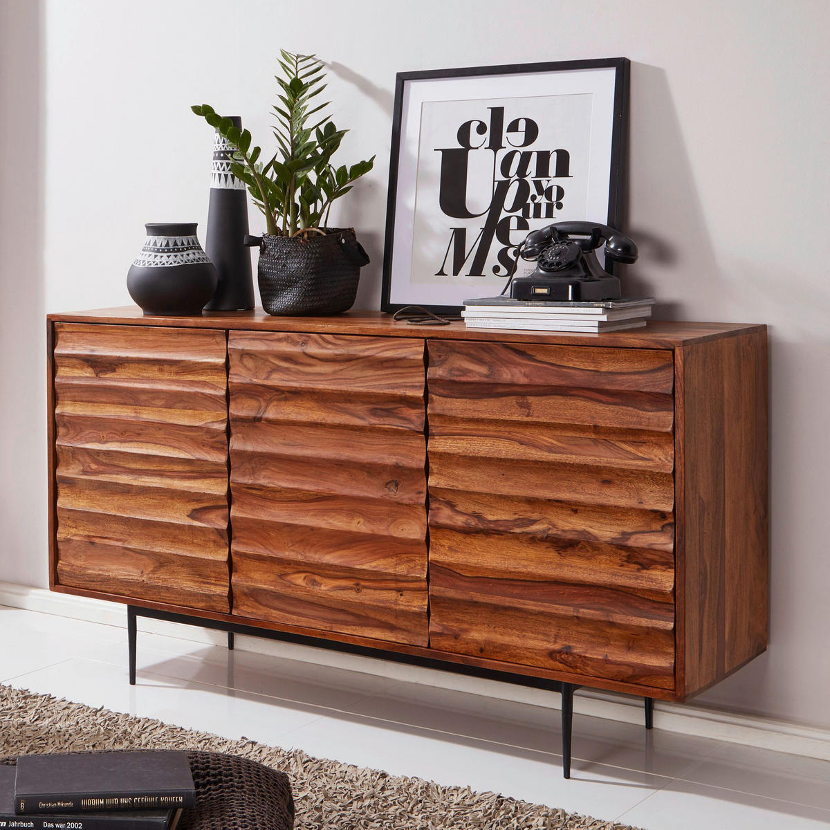 Sideboard natur beschichtet schwarz lackiert B/H/T: ca. 150x81x41 cm Sideboard - natur/schwarz (150,00/81,00/41,00cm) - Wohnling