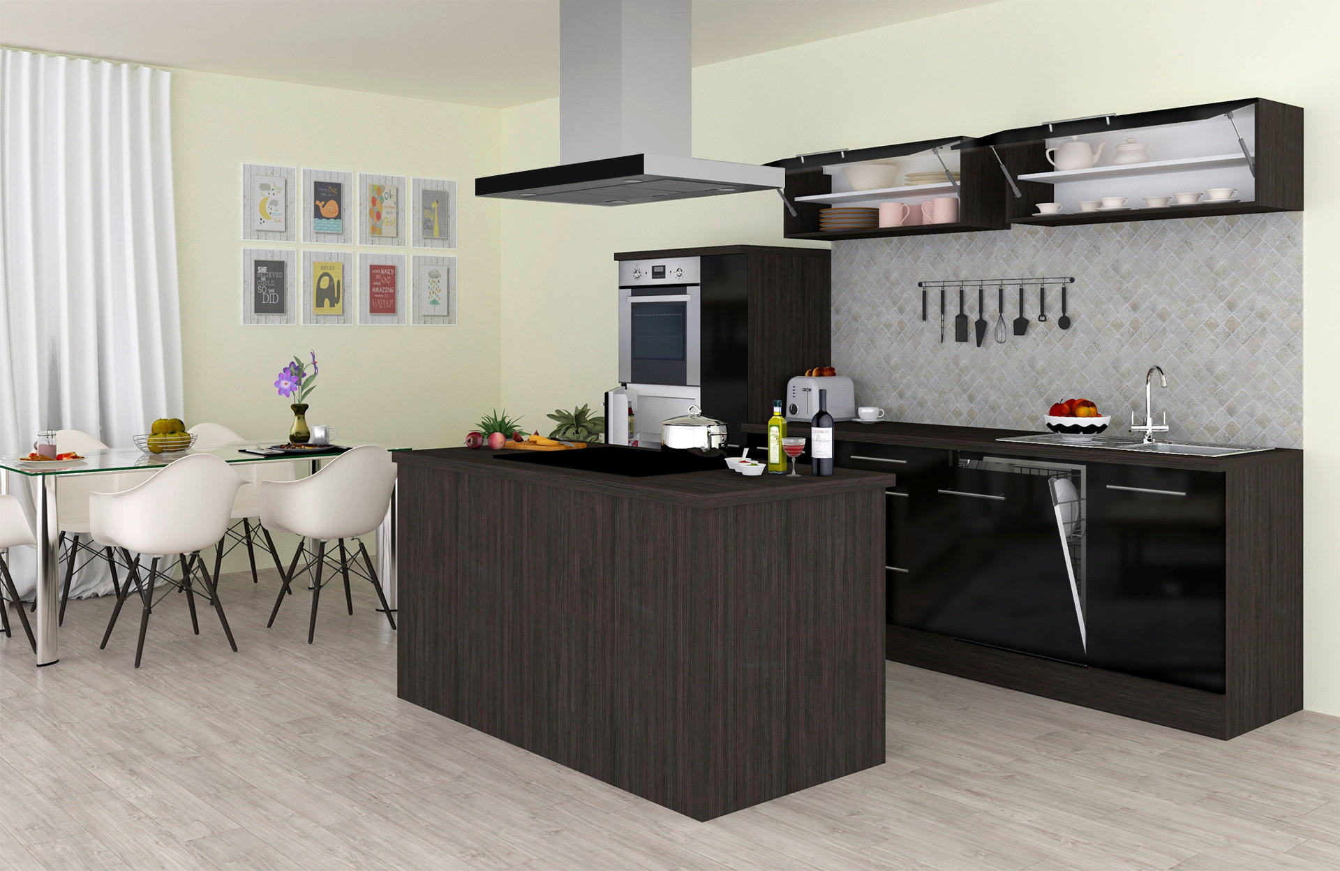 Respekta Inselküche Premium schwarz hochglänzend B/H/T: ca. 310x200x60 cm Premium - Eiche/schwarz (310,00/200,00/60,00cm) - Respekta