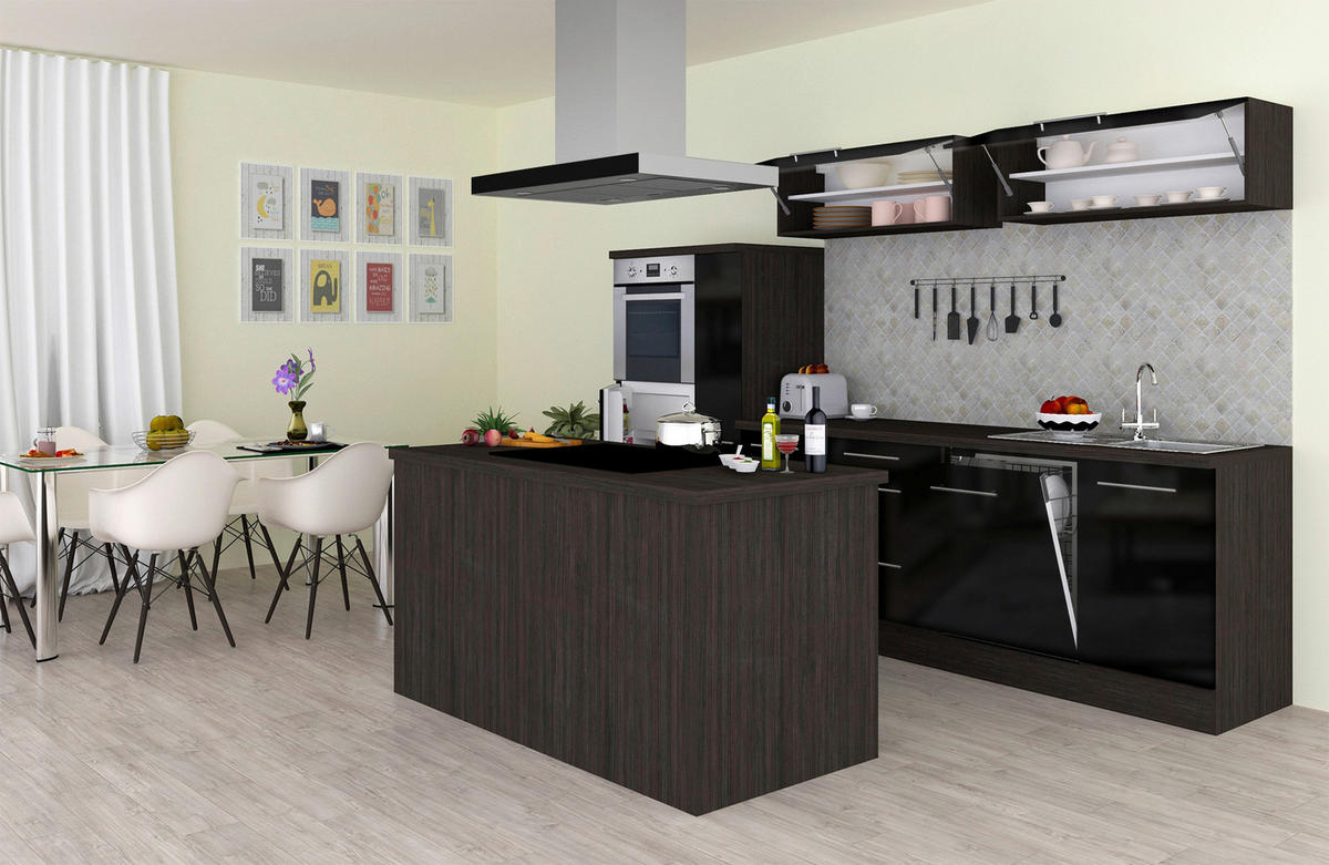 Respekta Inselküche Premium schwarz hochglänzend B/H/T: ca. 310x200x60 cm Premium - Eiche/schwarz (310,00/200,00/60,00cm) - Respekta