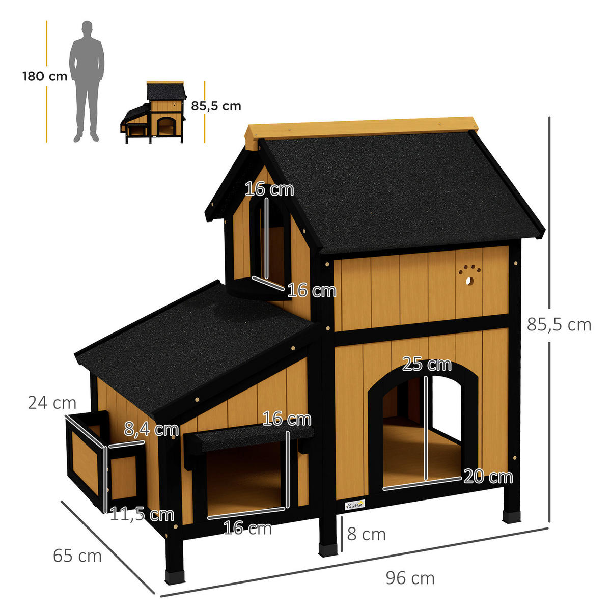 PawHut Katzen-Zubehör gelb Holz B/H/L: ca. 65x96x85,5 cm Katzenhaus - gelb (85,50/65,00/96,00cm) - PawHut