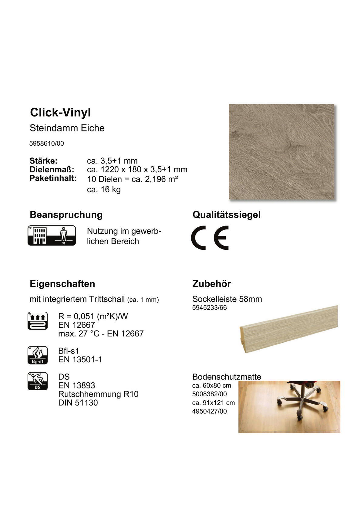 Check One Click-Vinylboden Steindamm ca. 2,196 m² im Paket  B/L: ca. 18x122 cm pro Paket Steindamm ca. 2,196 m² im Paket - (18,00/122,00cm) - Check One