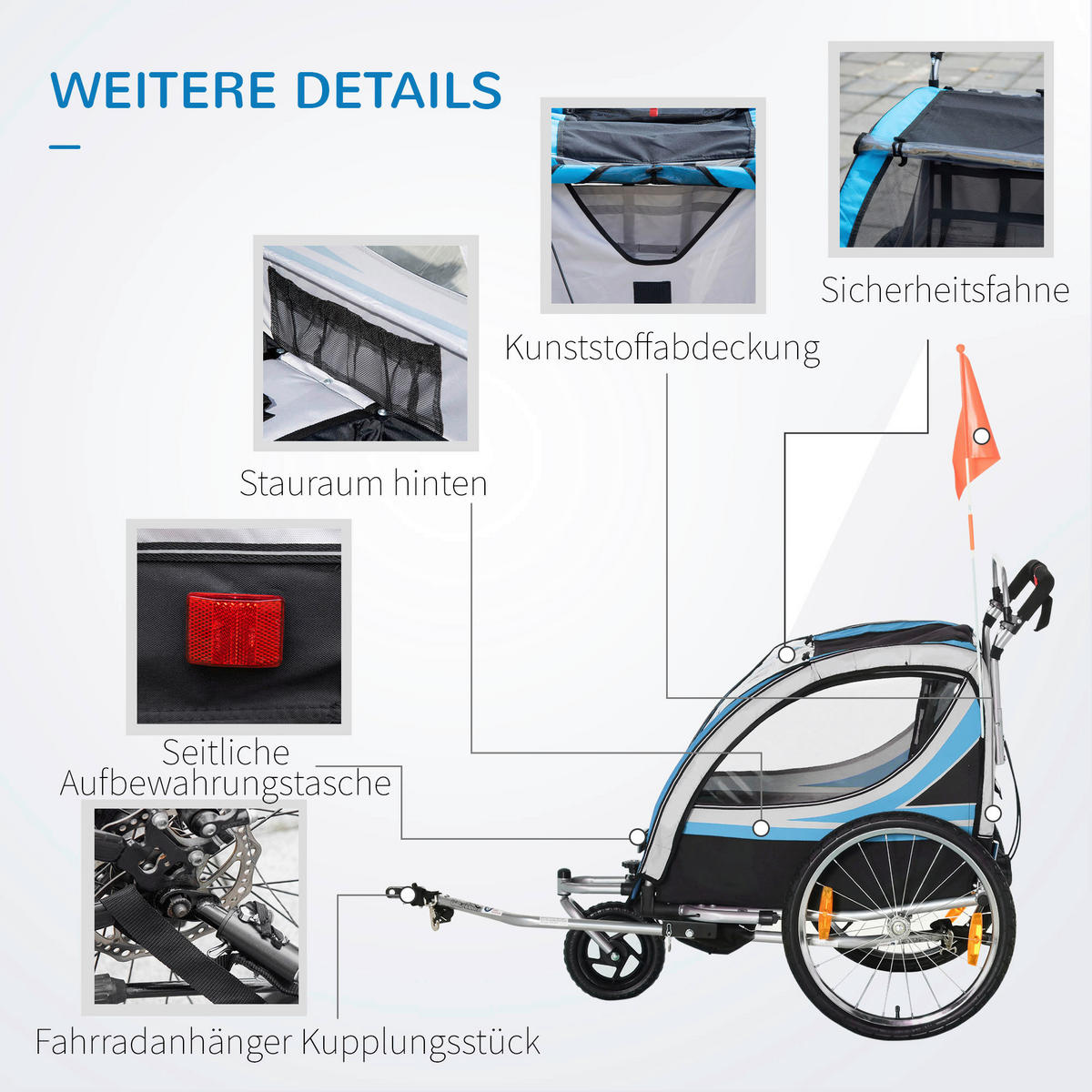 HOMCOM Fahrrad-Zubehör blau blau B/H/L: ca. 75x142x101 cm Kinderfahrradanhänger - blau/schwarz (101,00/75,00/142,00cm) - HOMCOM