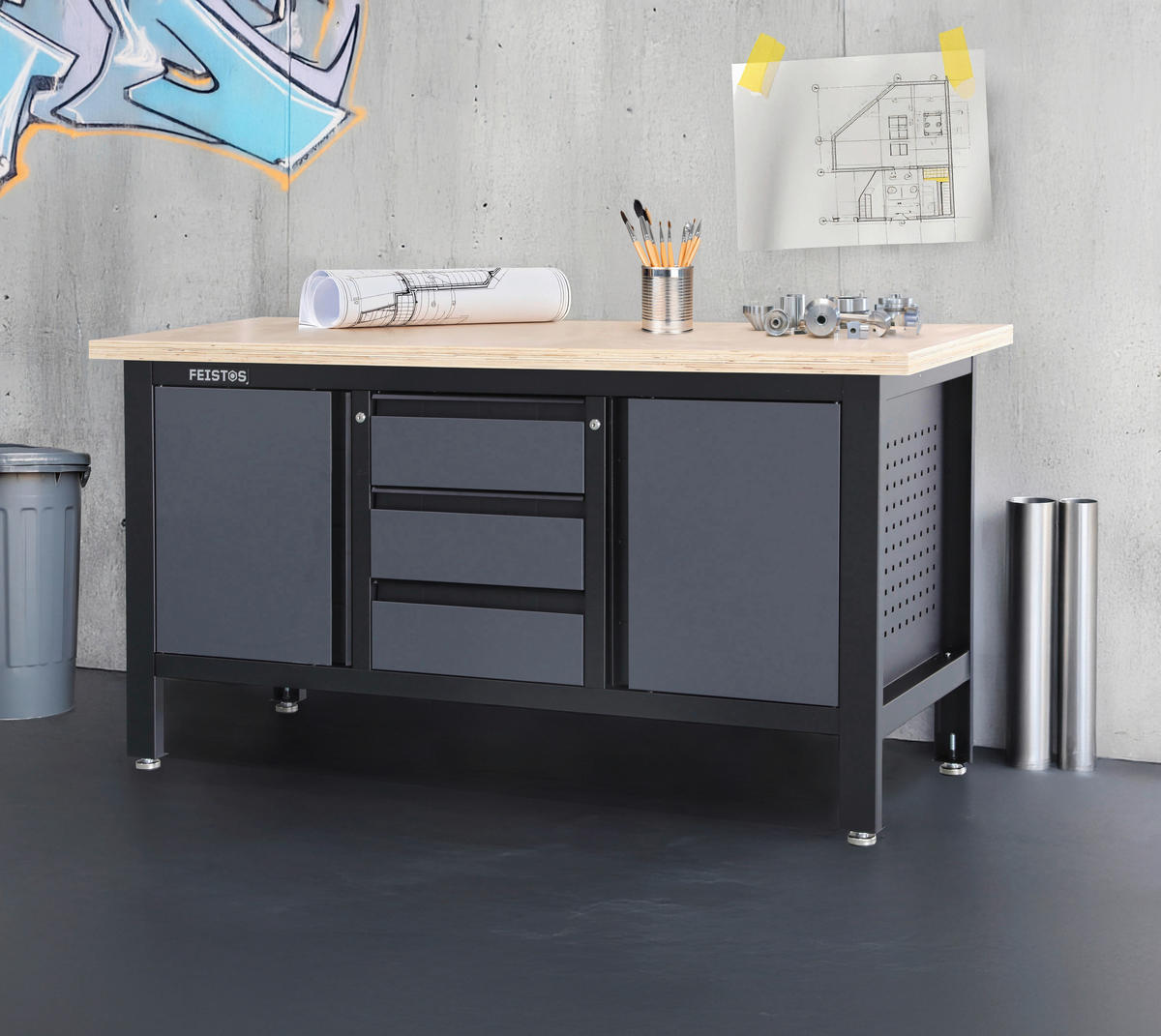 Feistos Werkbank Heros schwarz Metall B/H/L: ca. 169x87x60 cm Heros - schwarz/anthrazit (60,00/169,00/87,00cm) - Feistos