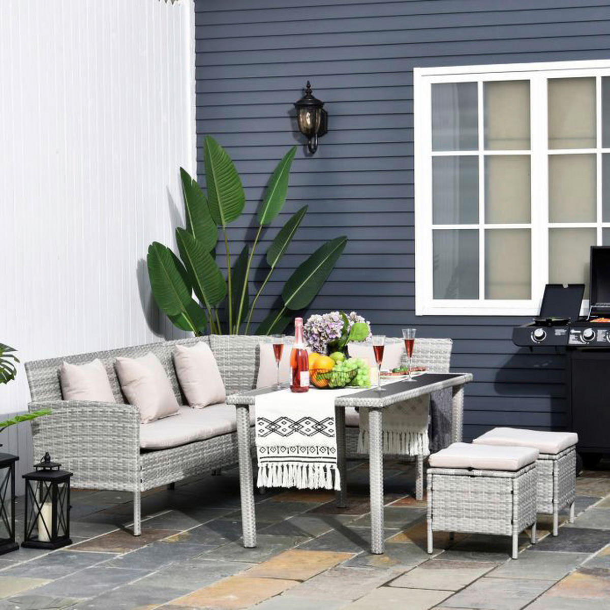 Outsunny Gartensitzgruppe grau Polyrattan B/H/L: ca. 142x75x125 cm Gartensitzgruppe - creme/grau (125,00/142,00/75,00cm) - Outsunny