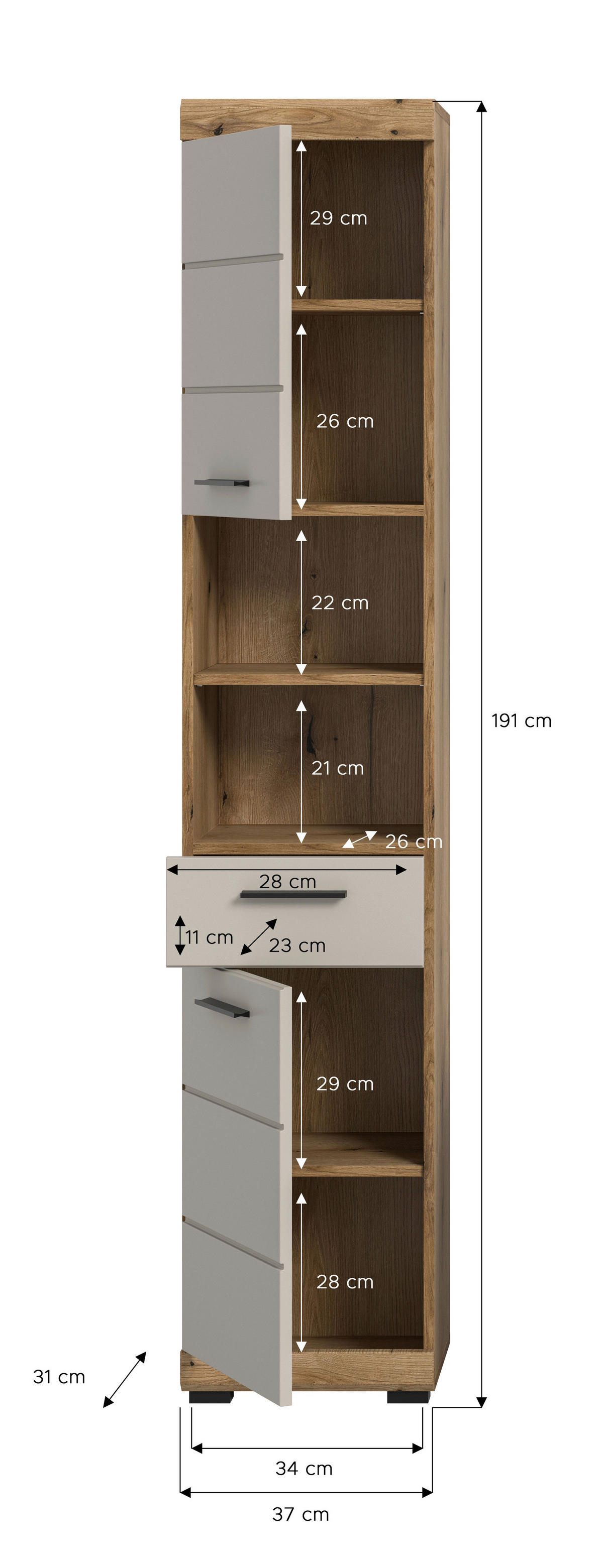 Badhochschrank Scout Evoke Oak Nachbildung Kaschmirgrau Nachbildung B/H/T: ca. 37x191x31 cm Scout - Kaschmirgrau (37,00/191,00/31,00cm) - xonox.home