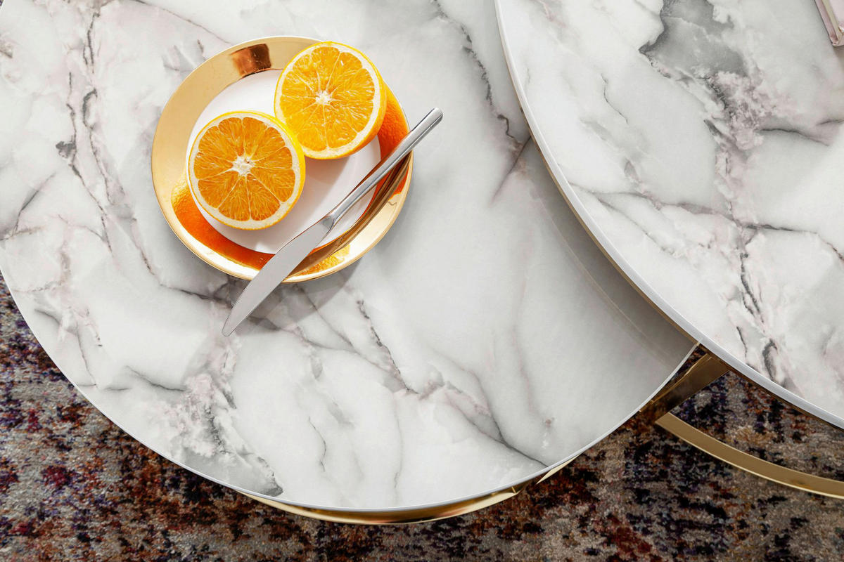 Wohnling Couchtisch 2er-Set weiß Marmor gold MDF Stahl 2er-Set - gold/weiß - Wohnling