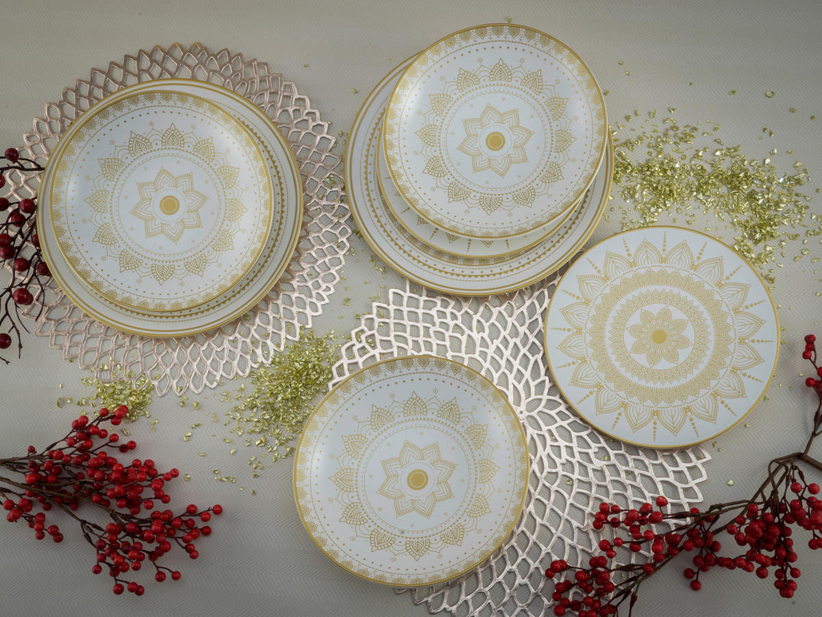 CreaTable Tafelservice MANDALA GOLD weiß Steinzeug 12 tlg. MANDALA GOLD - gold/weiß - CreaTable