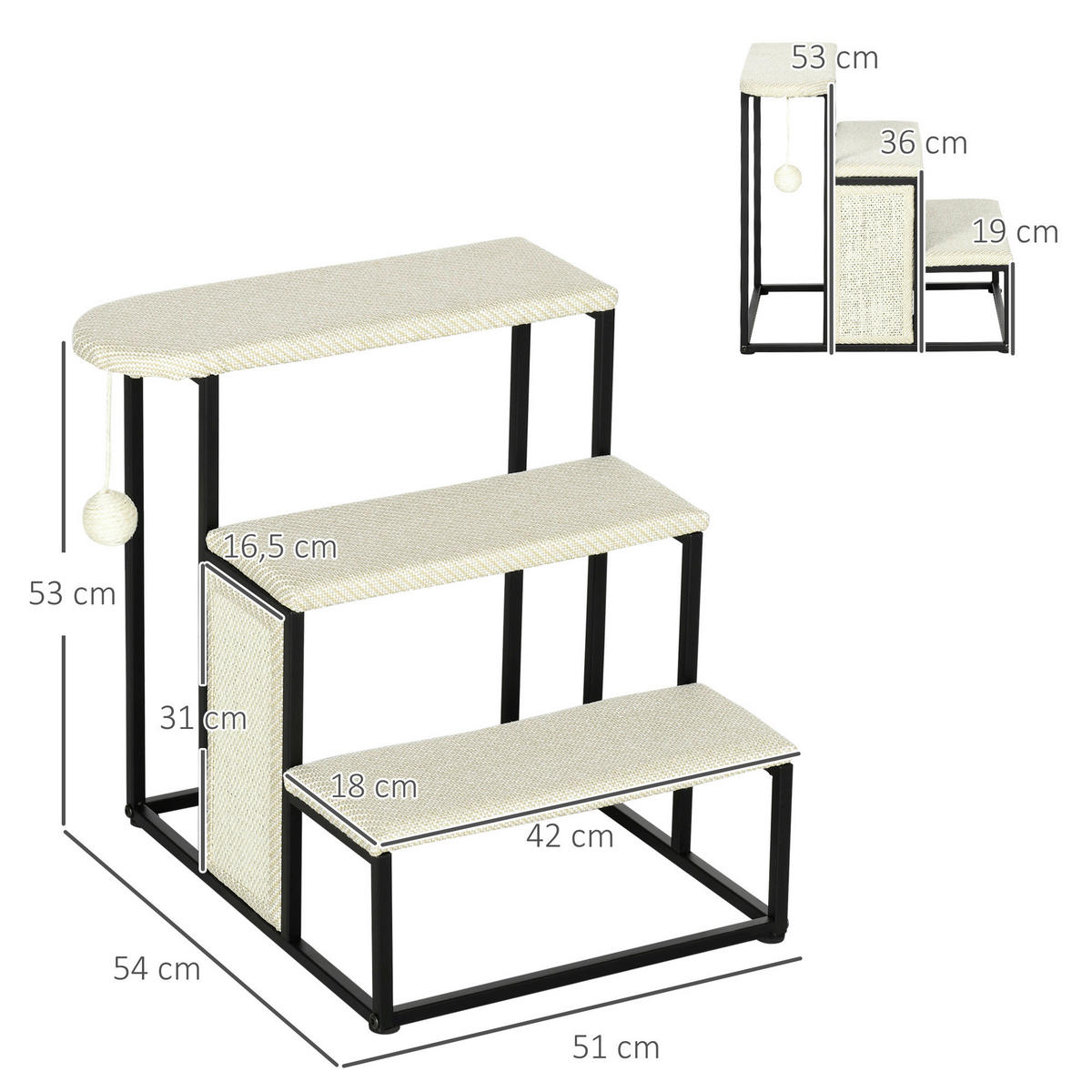 PawHut 3-stufige Haustiertreppe mit Kratzbrett schwarz Edelstahl B/H/L: ca. 54x51x53 cm Haustiertreppe - schwarz/cremeweiß (53,00/54,00/51,00cm) - PawHut