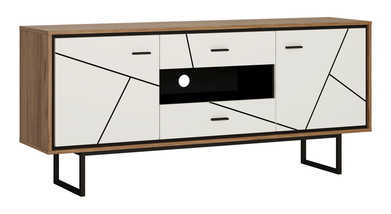 TV-Lowboard Brolo Eiche Cleveland Nachbildung weiß Hochglanz schwarz B/H/T: ca. 167x75x40 cm Brolo - Eiche/weiß (167,00/75,00/40,00cm)