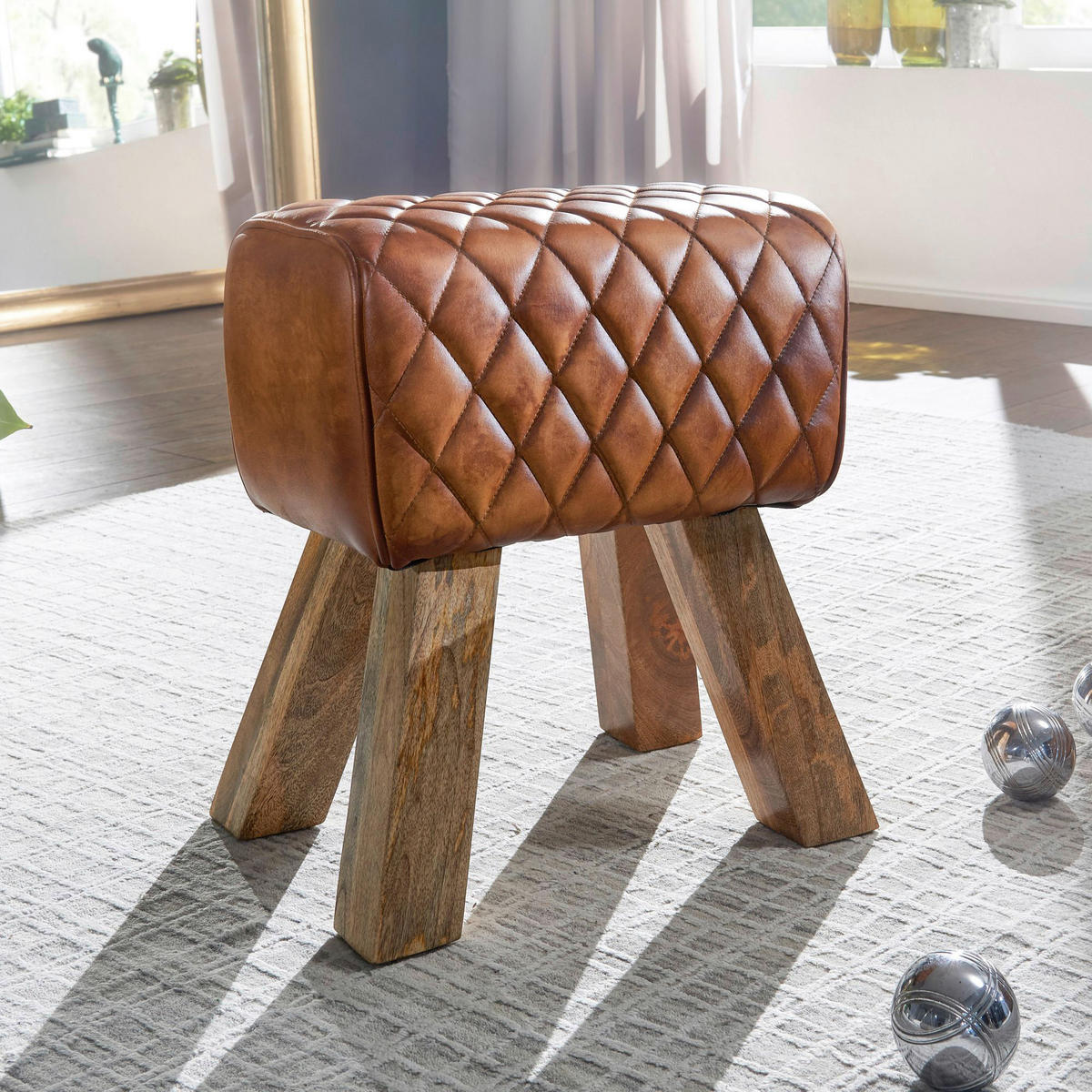 Wohnling Sitzbank braun natur Leder Echtholz B/H/T: ca. 40x40x27 cm Sitzbank - braun/natur (40,00/40,00/27,00cm) - Wohnling