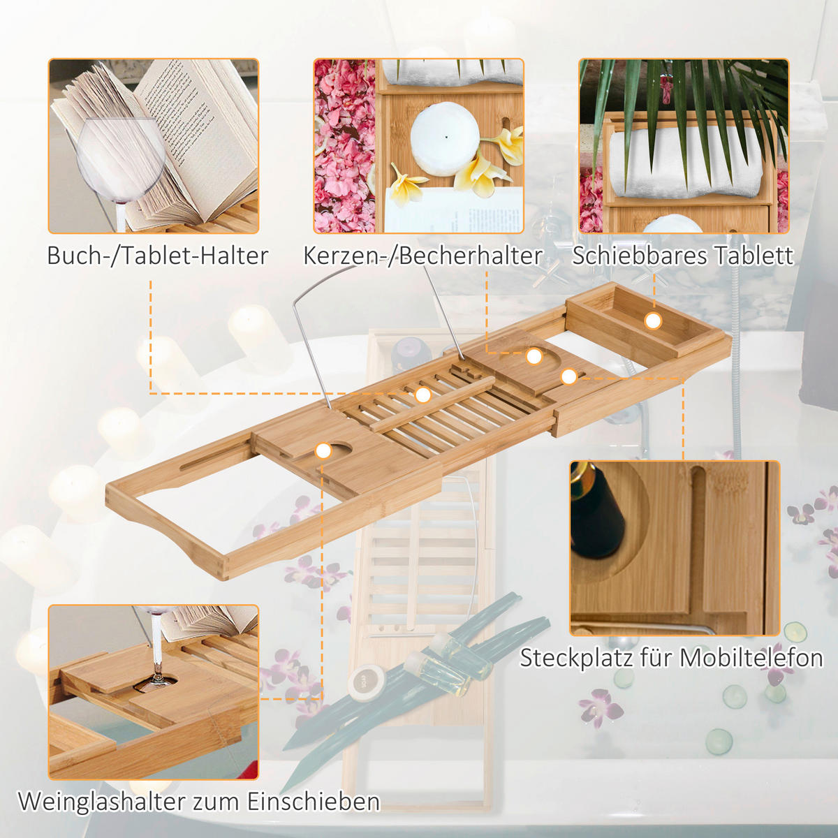 HOMCOM Haushaltshelfer natur B/H/L: ca. 218x105x5 cm Badewannenablage - natur (5,00/218,00/105,00cm) - HOMCOM