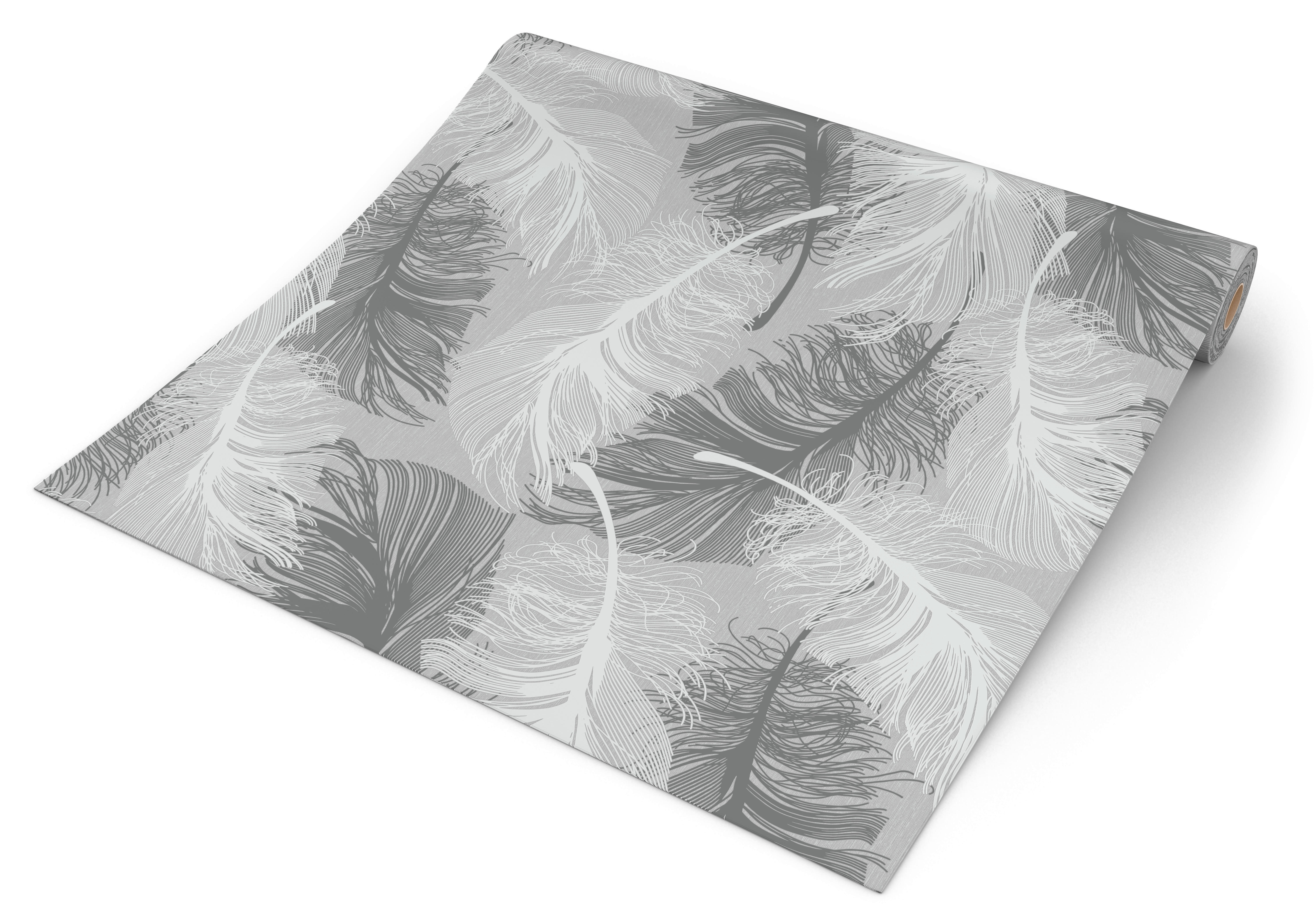 UGEPA Vinyltapete Federn grau weiß B/L: ca. 53x1005 cm glitzernd Vinyltapete_B515-09 - weiß/grau (53,00/1005,00cm) - UGEPA