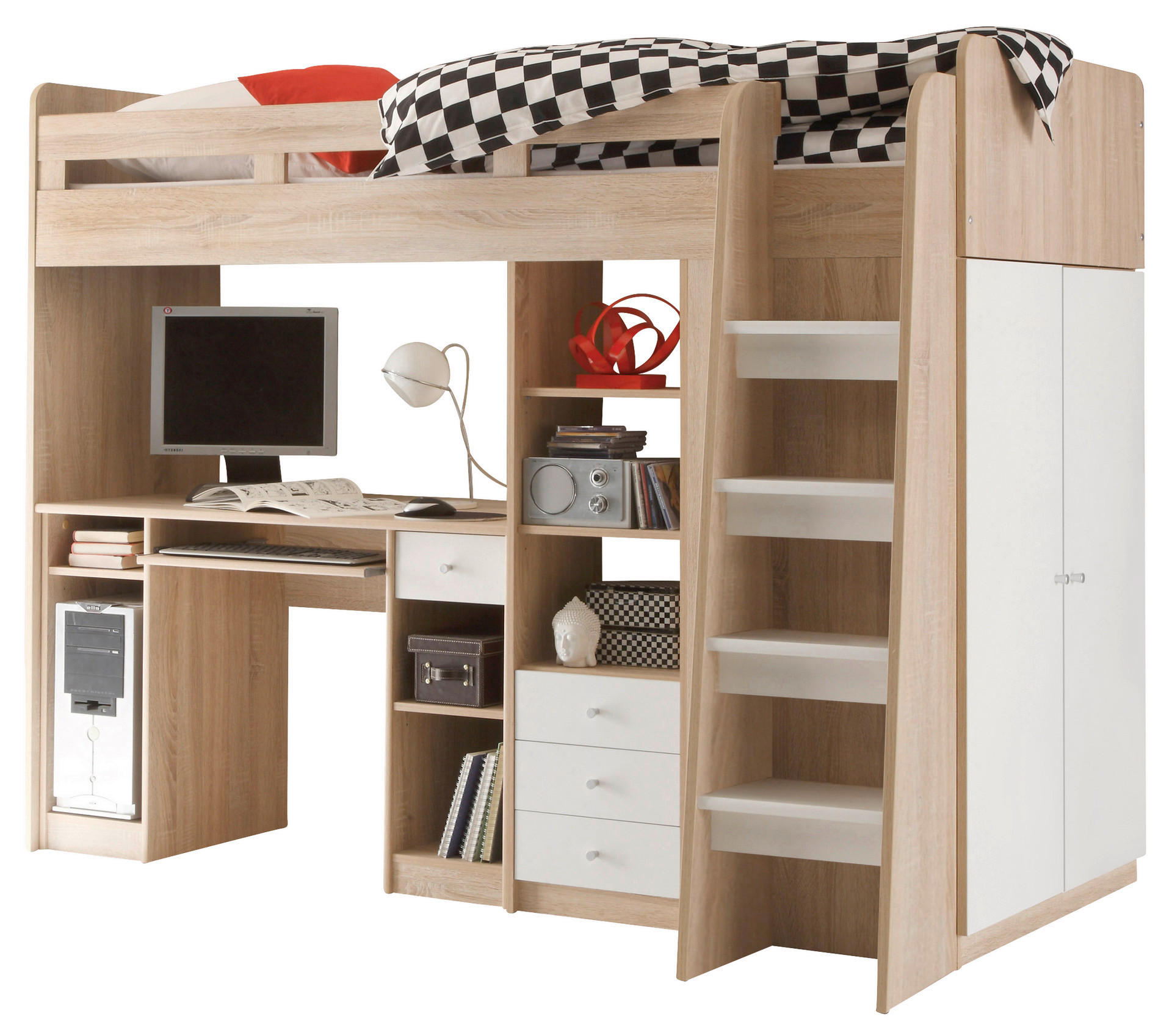 Hochbett Unit weiß Eiche Sonoma Nachbildung Liegefläche B/L: ca. 90x200 cm Unit - Eiche/weiß (204,00/160,00/112,00cm)