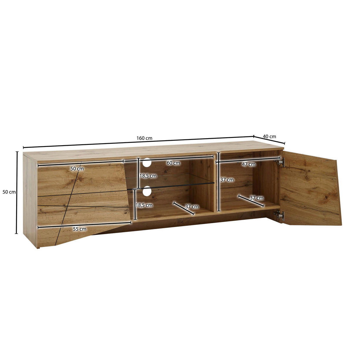 Lowboard Eiche Nachbildung glasklar B/H/T: ca. 160x50x40 cm Lowboard - Eiche/glasklar (160,00/50,00/40,00cm) - Wohnling