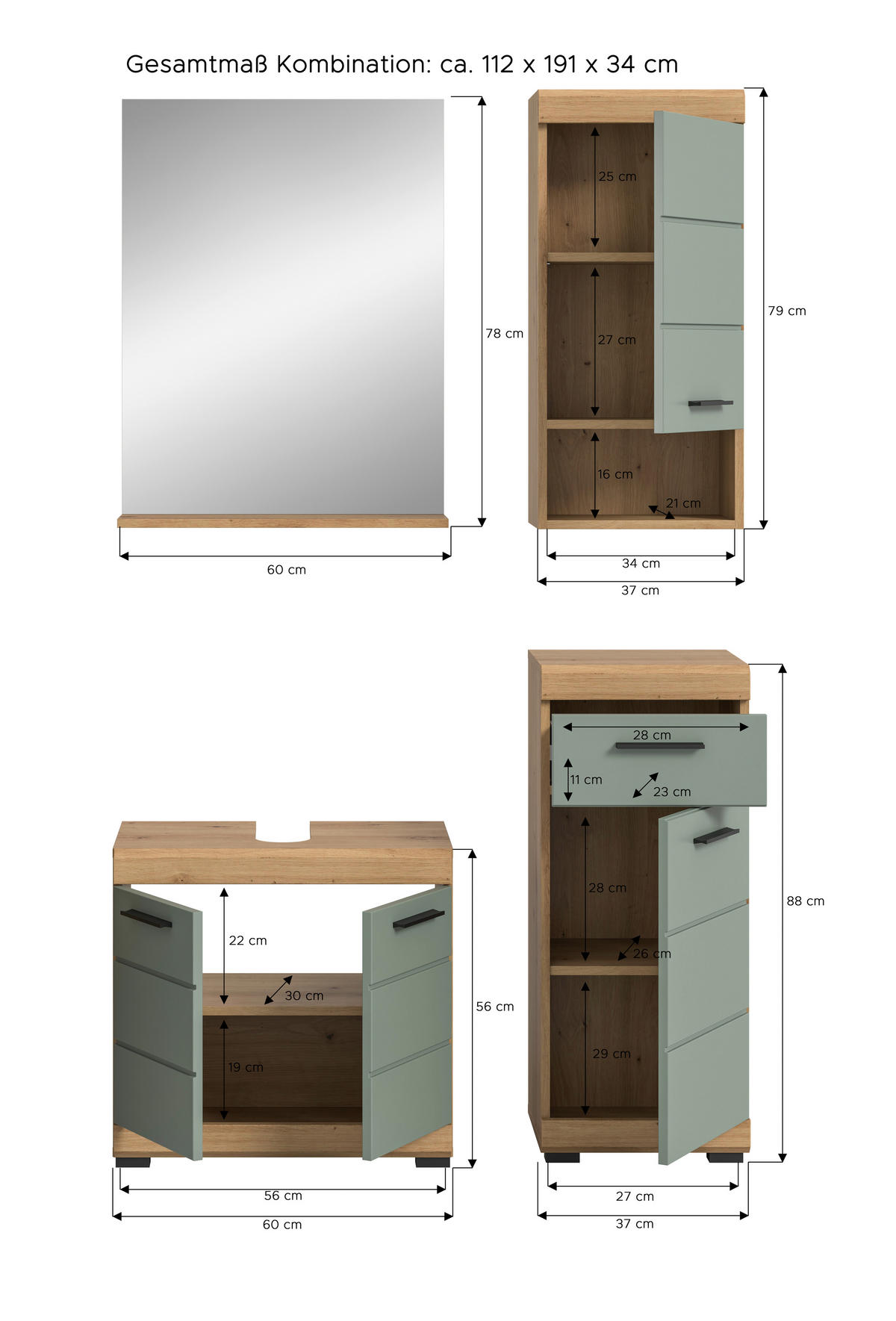 Badezimmer-Set Scout Eiche Artisan Nachbildung salbei Nachbildung B/H/T: ca. 112x191x34 cm Scout - Eiche/salbei (112,00/191,00/34,00cm) - xonox.home