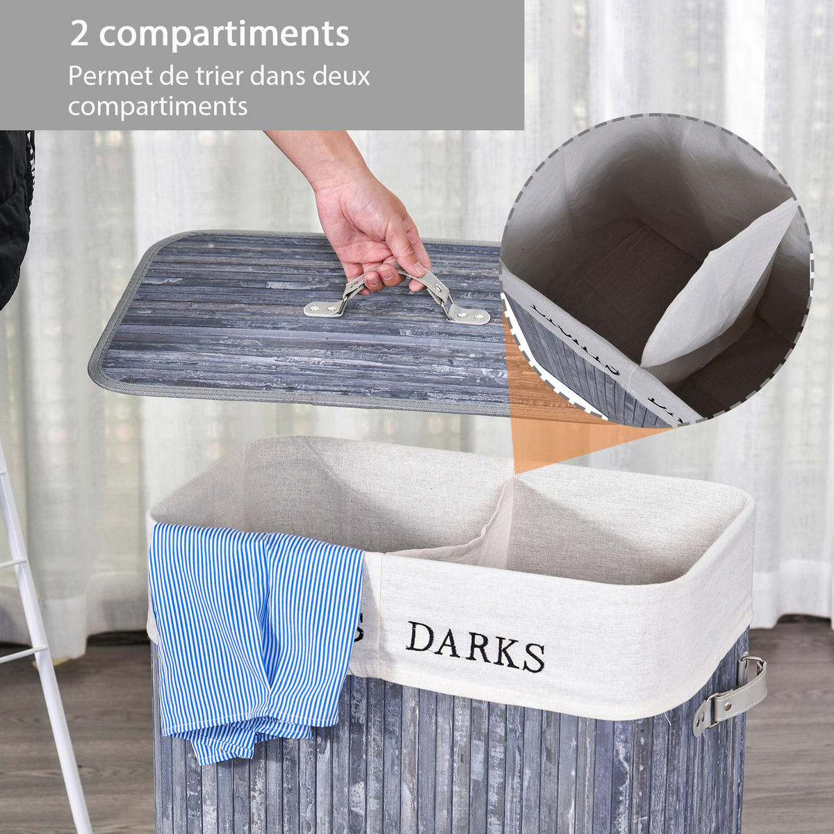 Wäschekorb mit 2 Tragegriffen grau Bambus Kunststoff B/H/L: ca. 32x63x52 cm Wäschekorb 850-020GY - grau (52,00/32,00/63,00cm) - HOMCOM