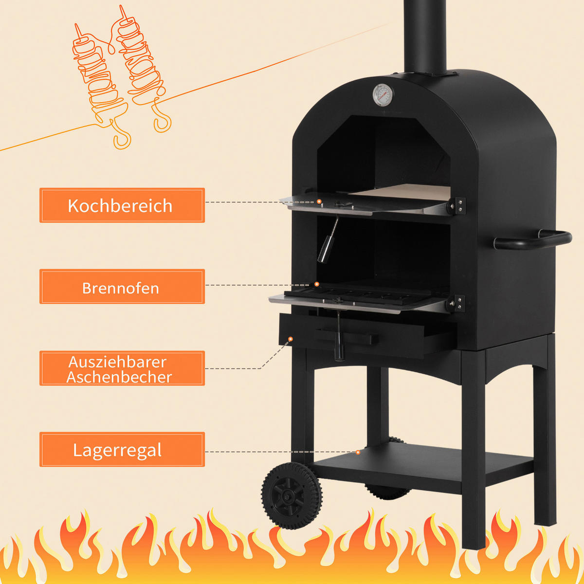 Outsunny Pizzaofen mit Schornstein schwarz Stahl B/H/L: ca. 54x161x63 cm Pizzaofen 846-085 - schwarz/silber (63,00/54,00/161,00cm) - Outsunny