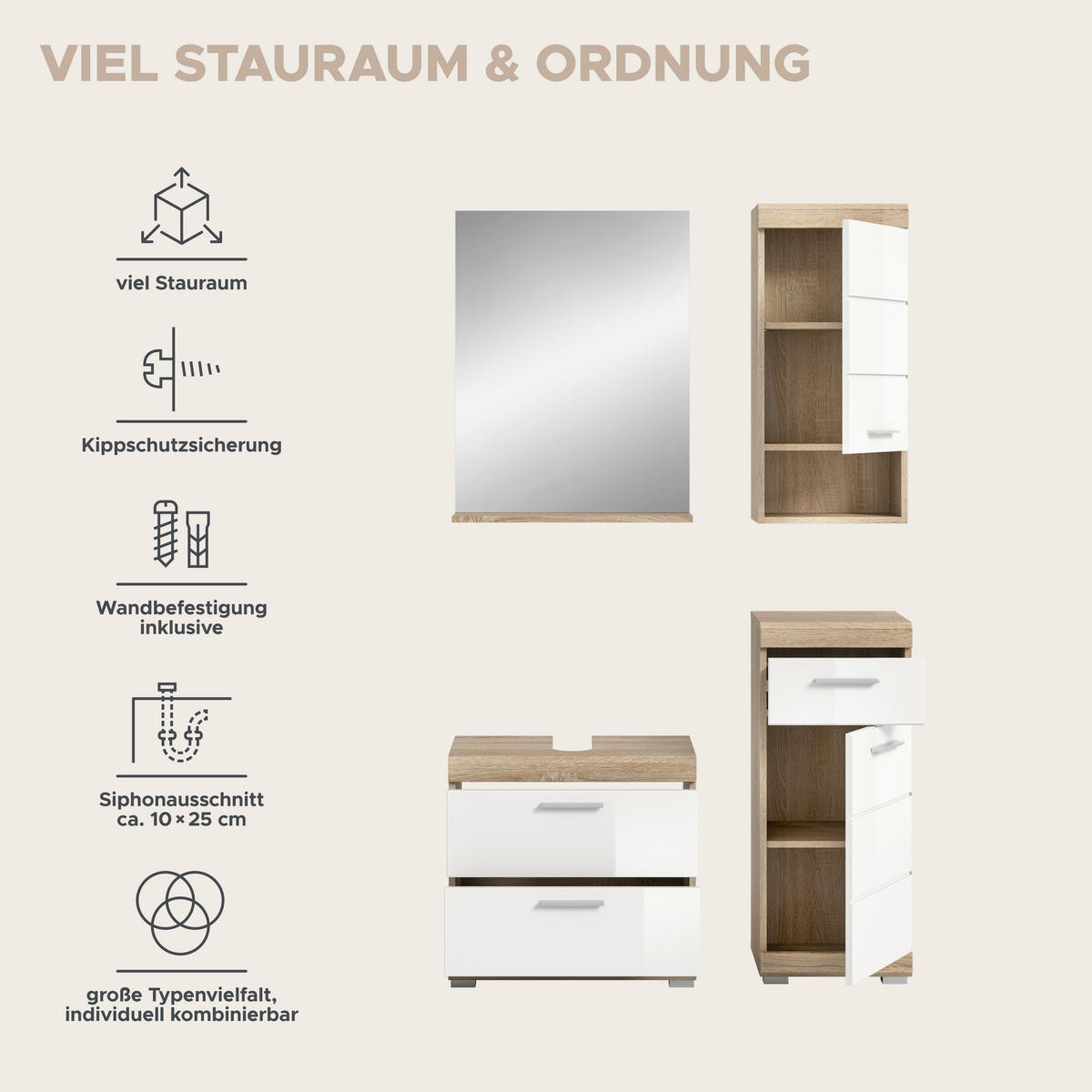 Badezimmer-Set Lambada Eiche Sonoma Nachbildung weiß Hochglanz B/H/T: ca. 112x191x37 cm Lambada - Eiche/weiß (112,00/191,00/37,00cm) - xonox.home